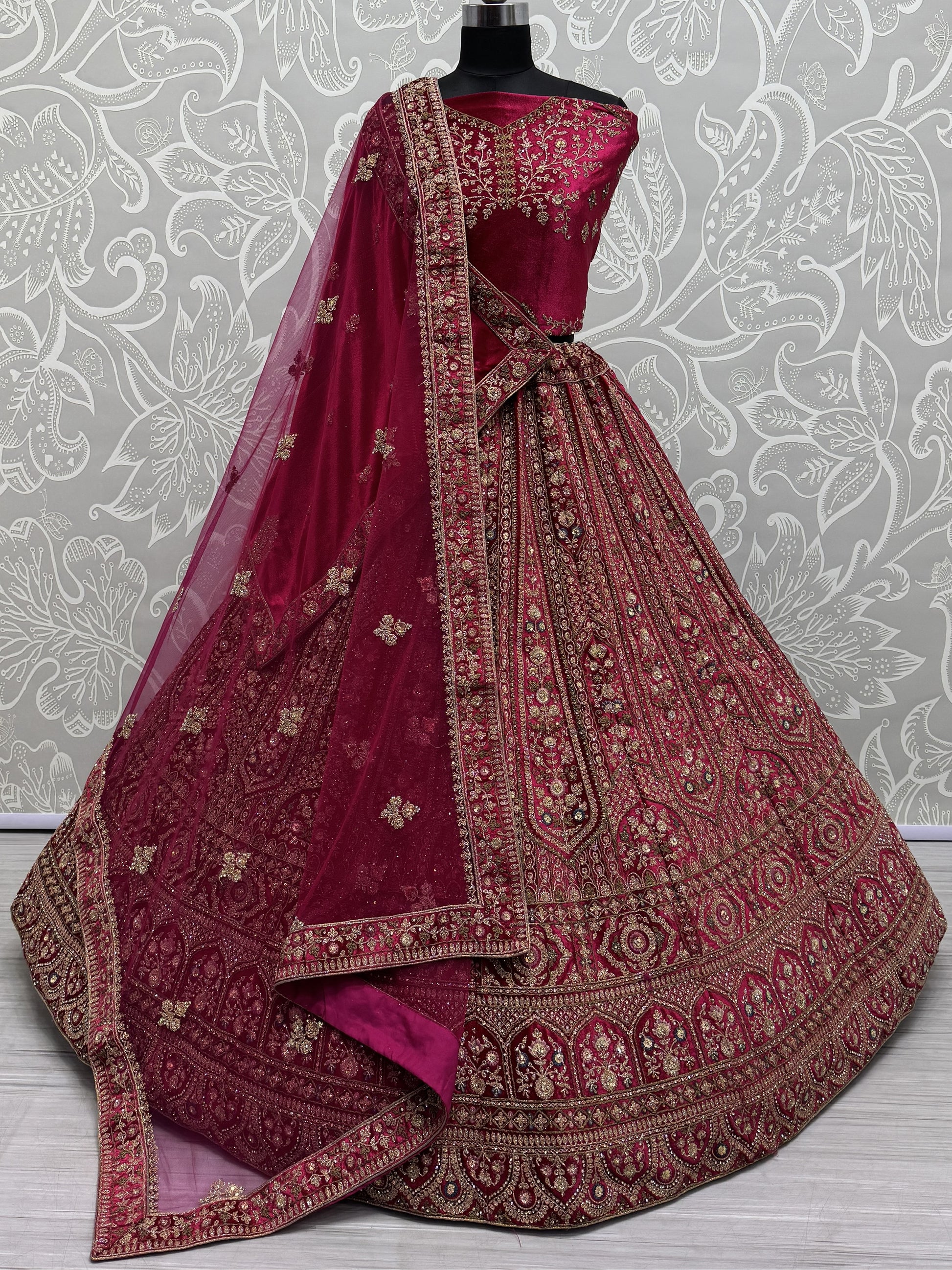 Beautiful Pink Thread Work Bridal Lehenga Choli With Double Dupatta