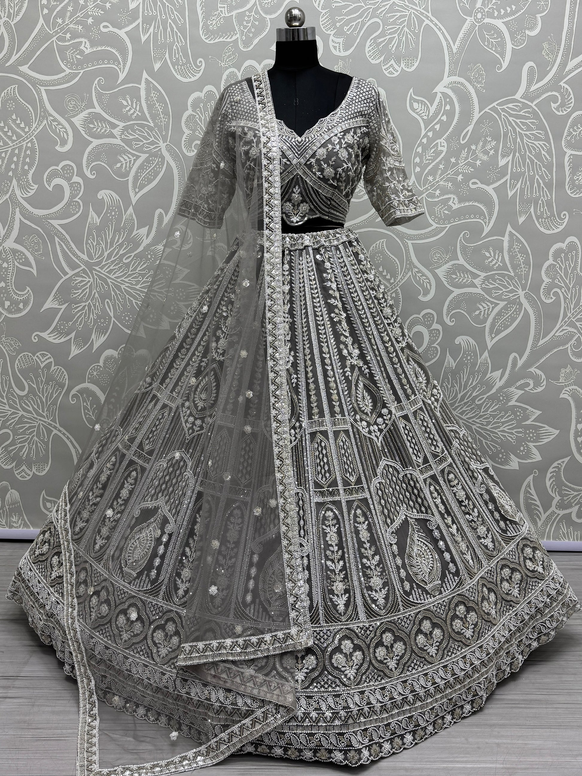 Charming Grey Embroidered Net Bridesmaid Lehenga Choli With Dupatta