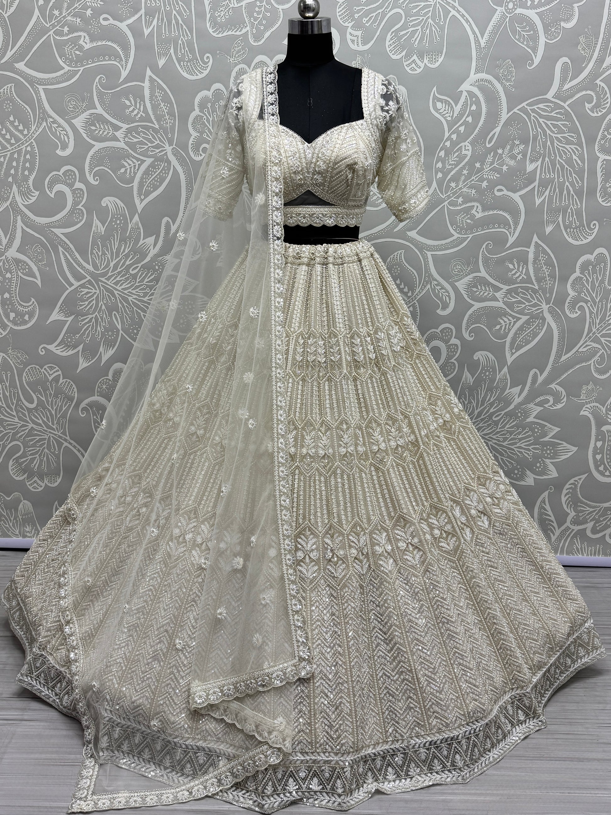 Great White Sequins Net Bridesmaid Lehenga Choli With Dupatta