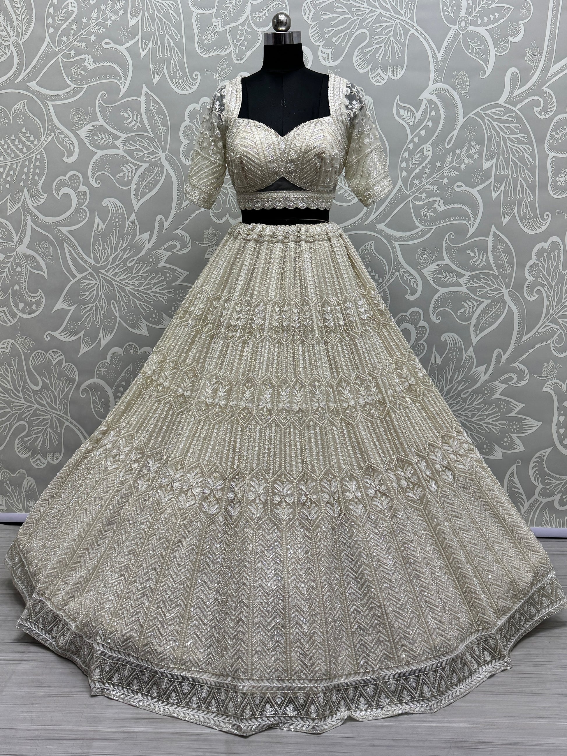 Great White Sequins Net Bridesmaid Lehenga Choli With Dupatta