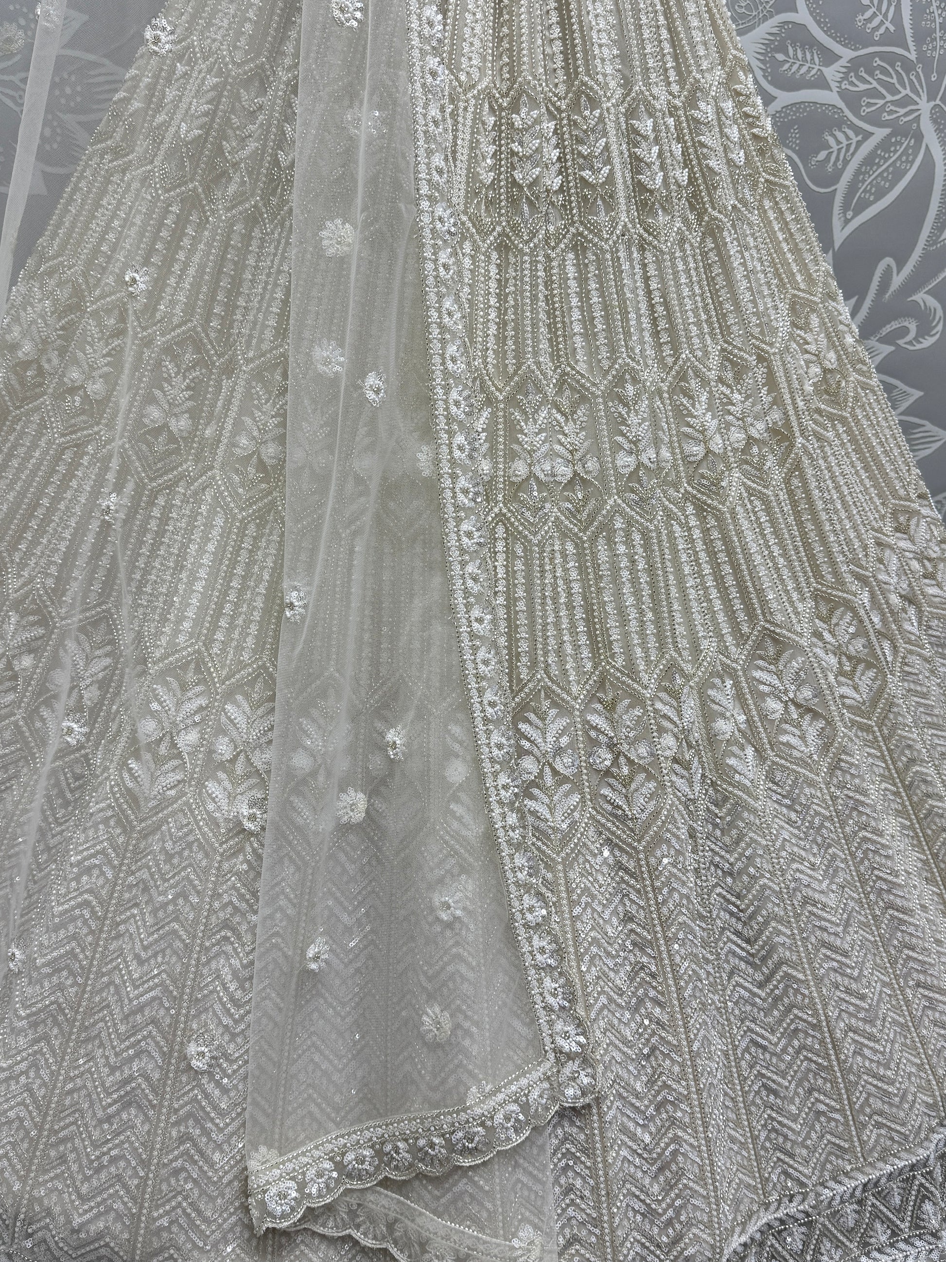 Great White Sequins Net Bridesmaid Lehenga Choli With Dupatta