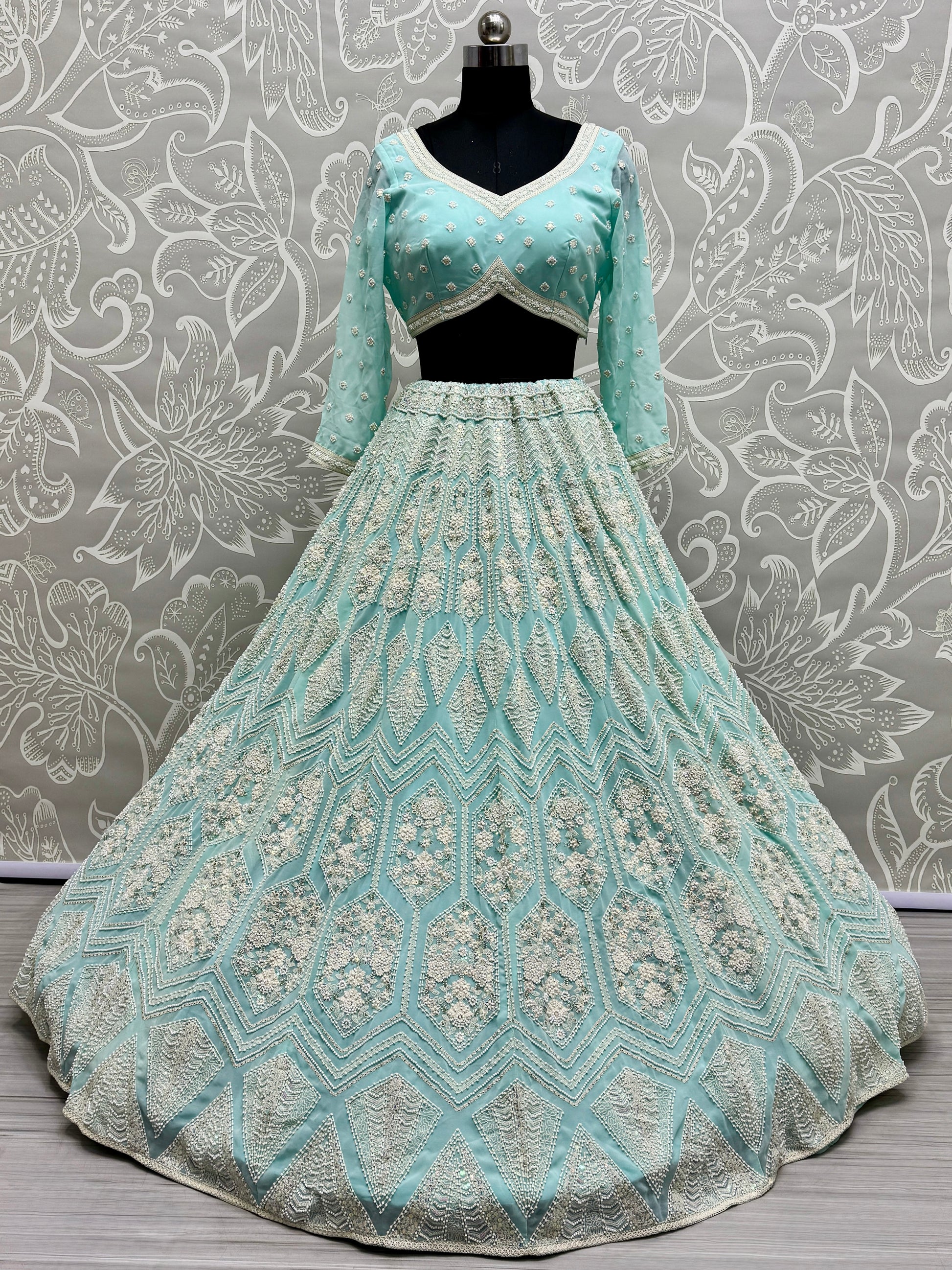 Magnetic Sky Blue Thread Work Georgette Bridesmaid Lehenga Choli