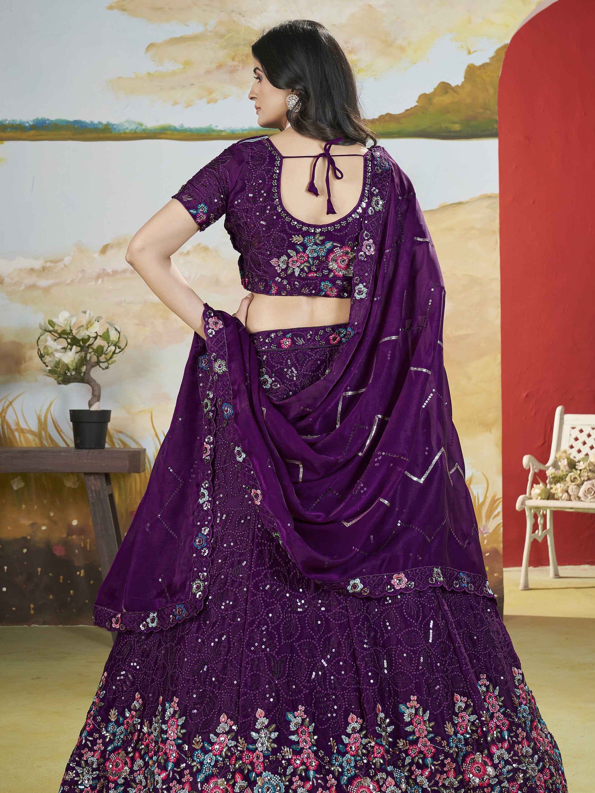 Attractive Purple Sequins Chinon Reception Wear Lehenga Choli