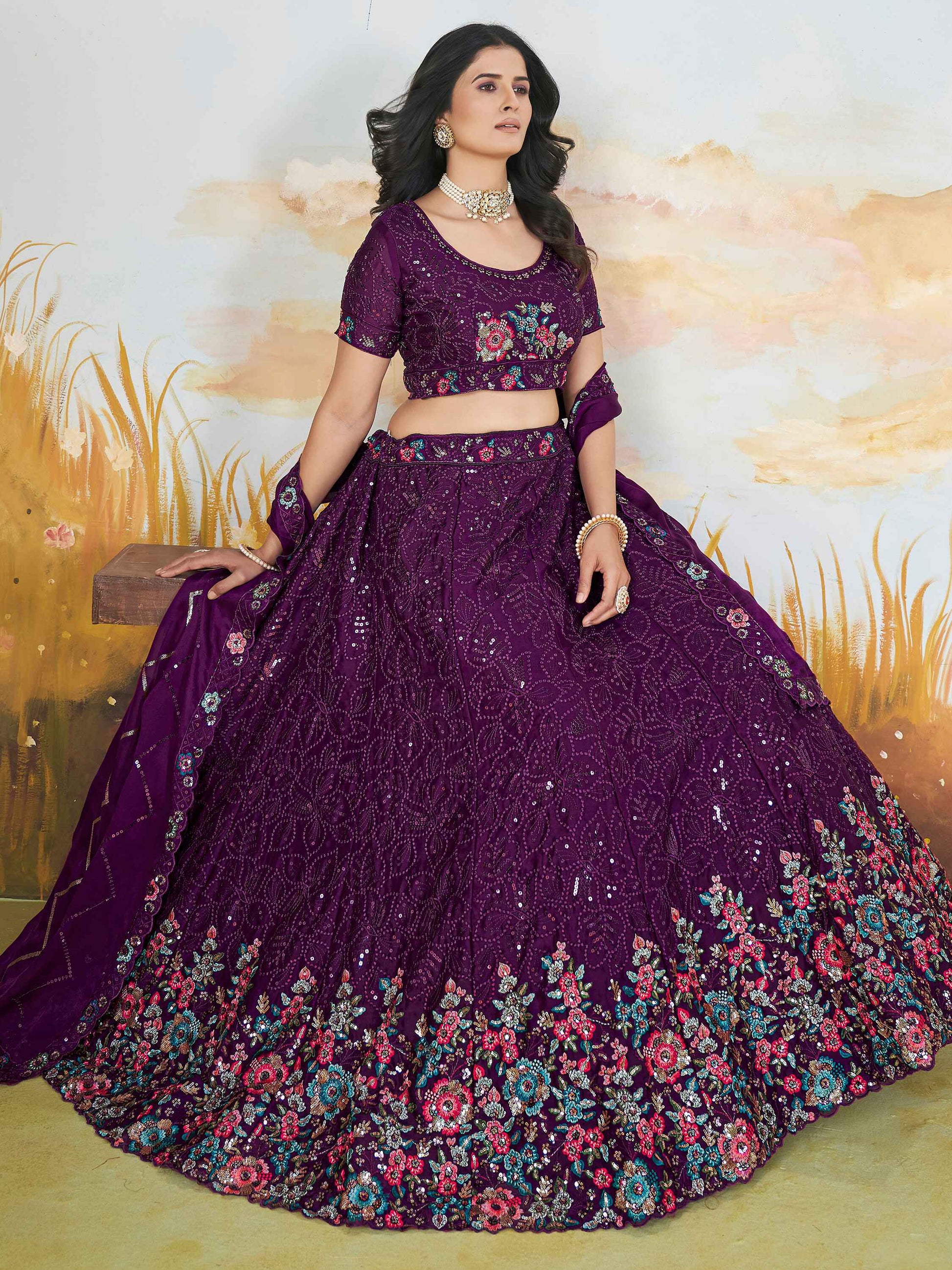 Attractive Purple Sequins Chinon Reception Wear Lehenga Choli