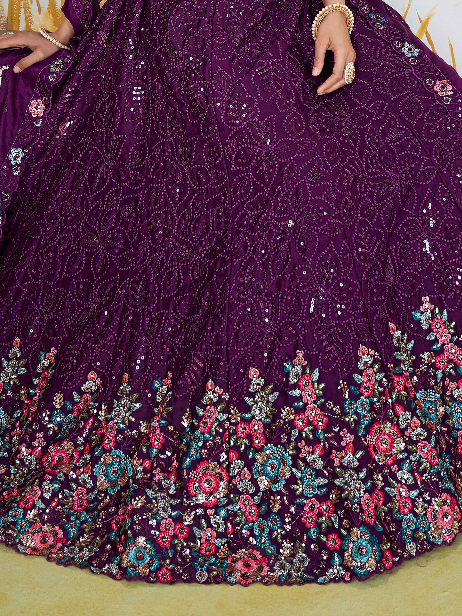 Attractive Purple Sequins Chinon Reception Wear Lehenga Choli