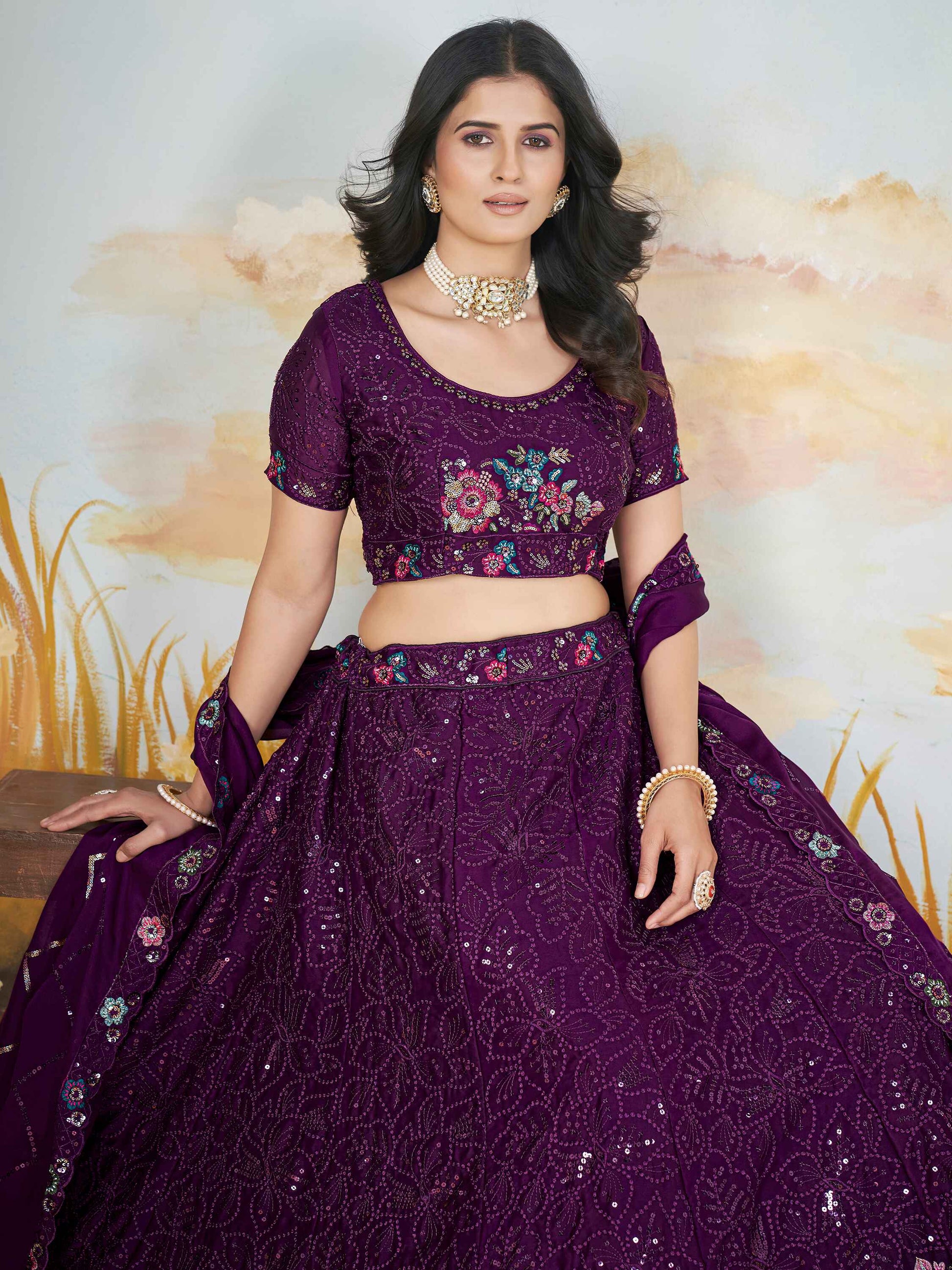 Attractive Purple Sequins Chinon Reception Wear Lehenga Choli