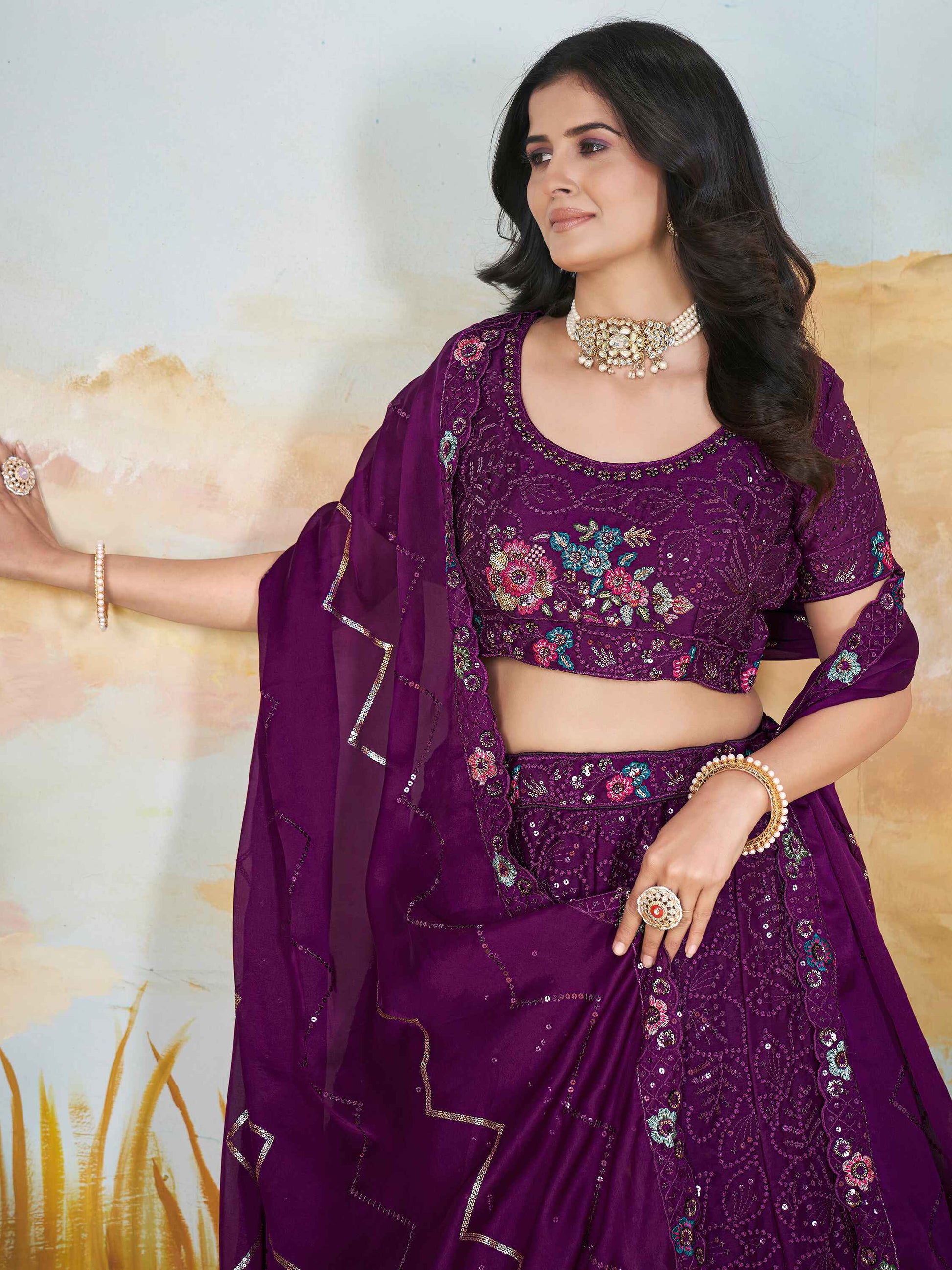 Attractive Purple Sequins Chinon Reception Wear Lehenga Choli
