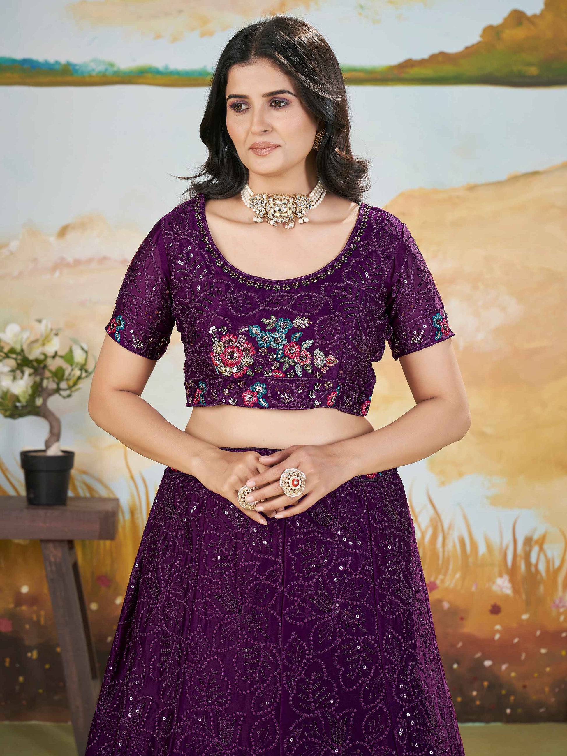 Attractive Purple Sequins Chinon Reception Wear Lehenga Choli