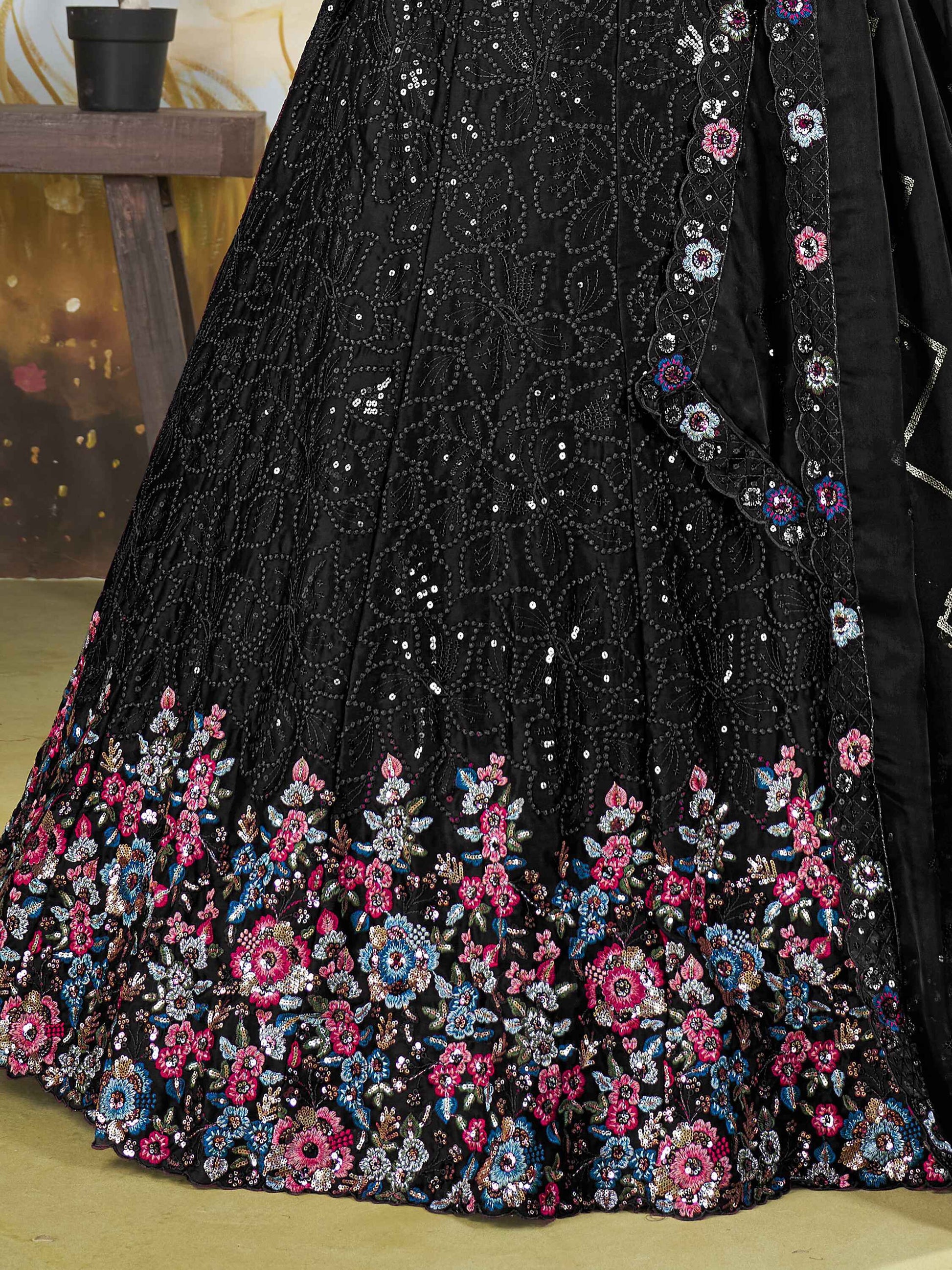 Gorgeous Black Thread Work Chinon Designer Lehenga Choli With Dupatta