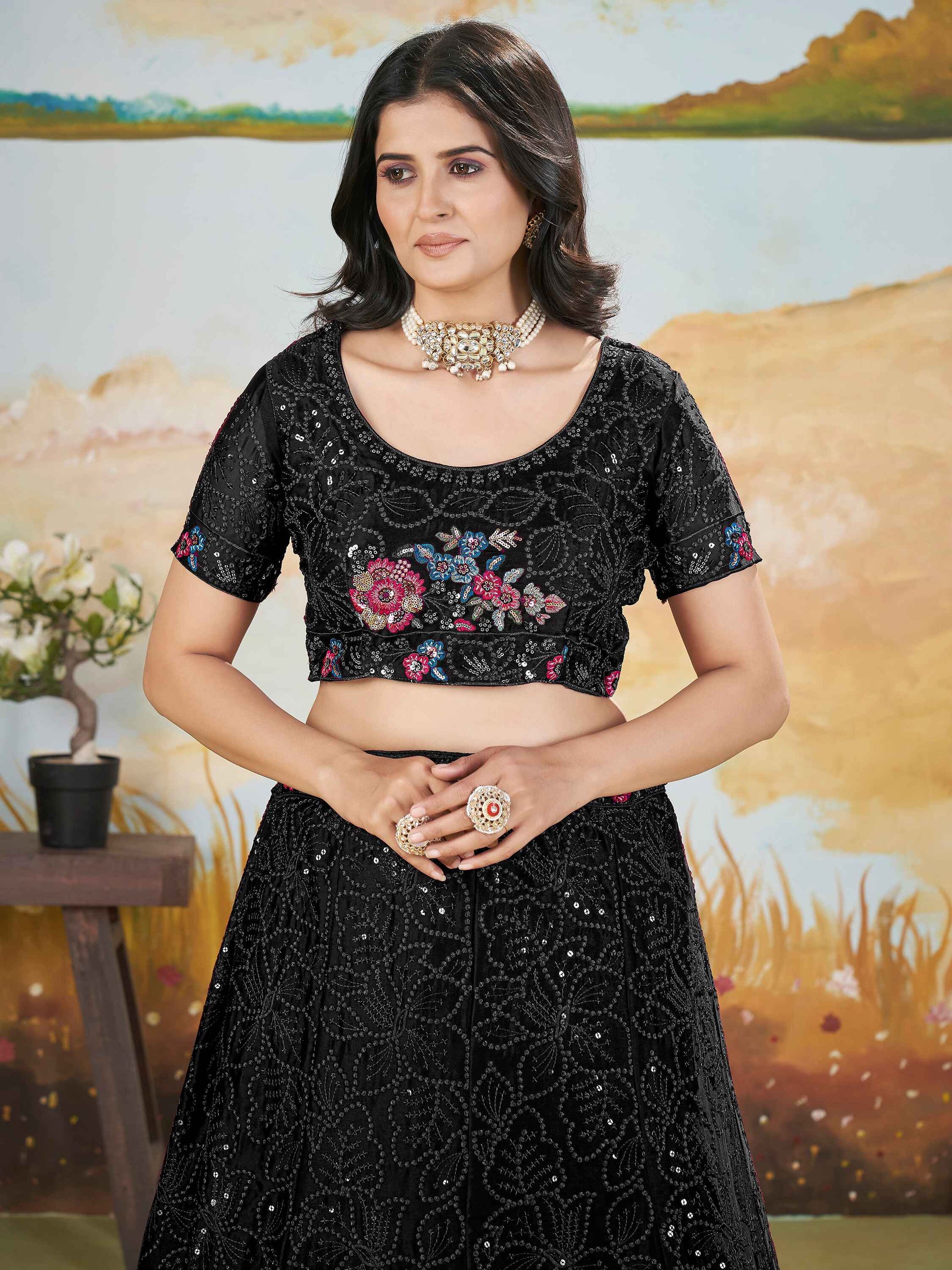 Gorgeous Black Thread Work Chinon Designer Lehenga Choli With Dupatta