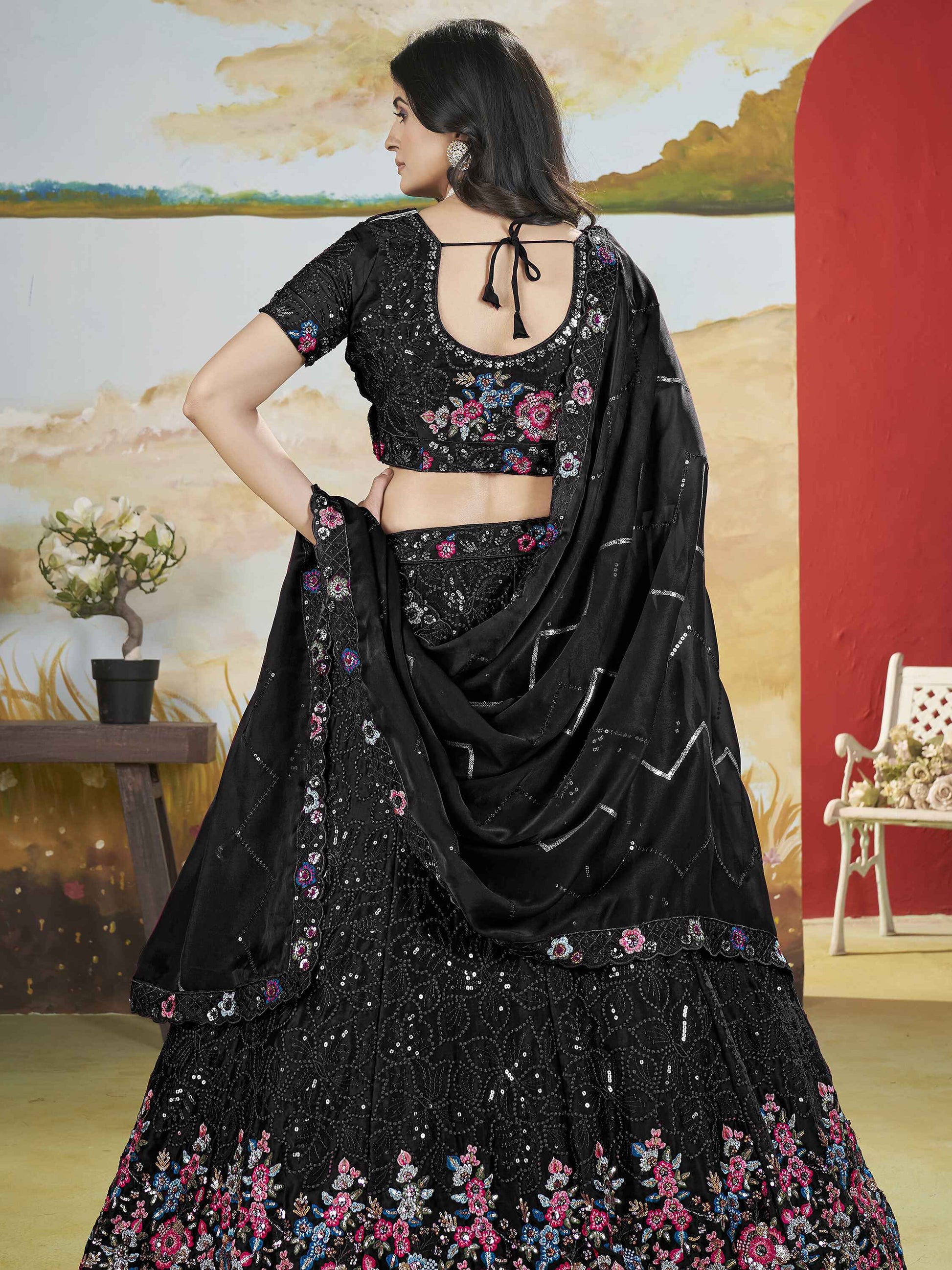 Gorgeous Black Thread Work Chinon Designer Lehenga Choli With Dupatta