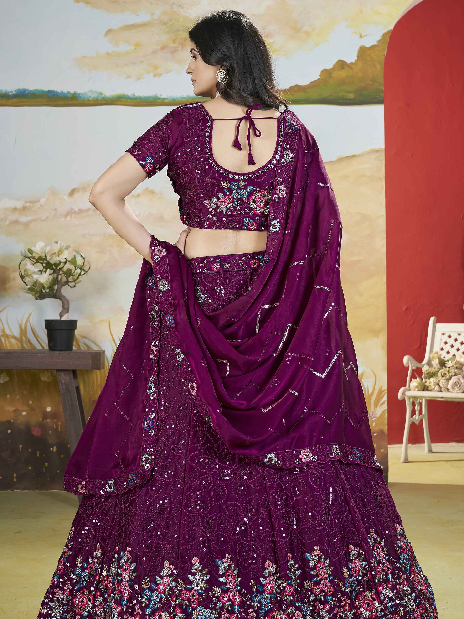 Stunning Wine Thread Work Chinon Engagement Wear Lehenga Choli