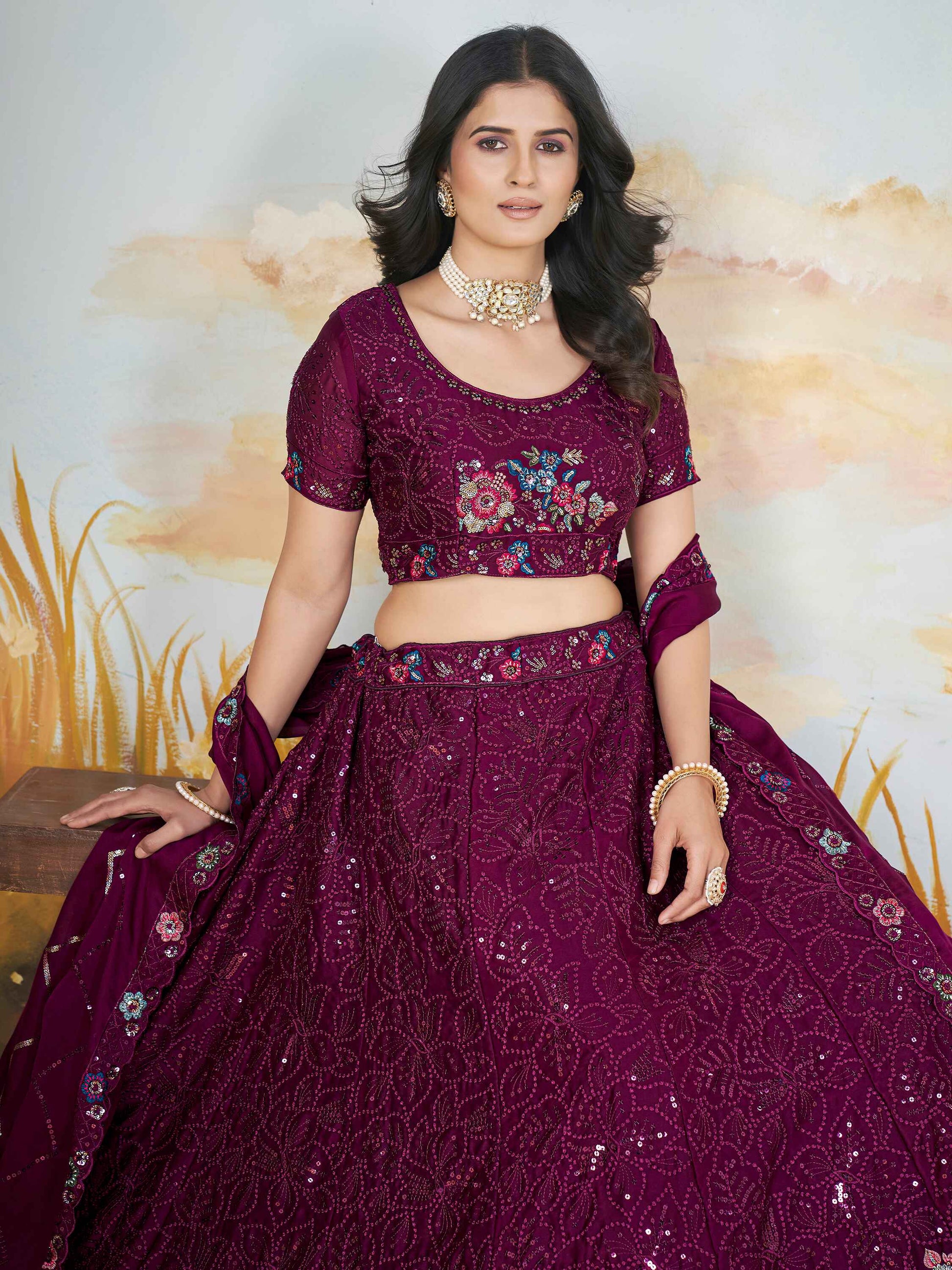 Stunning Wine Thread Work Chinon Engagement Wear Lehenga Choli