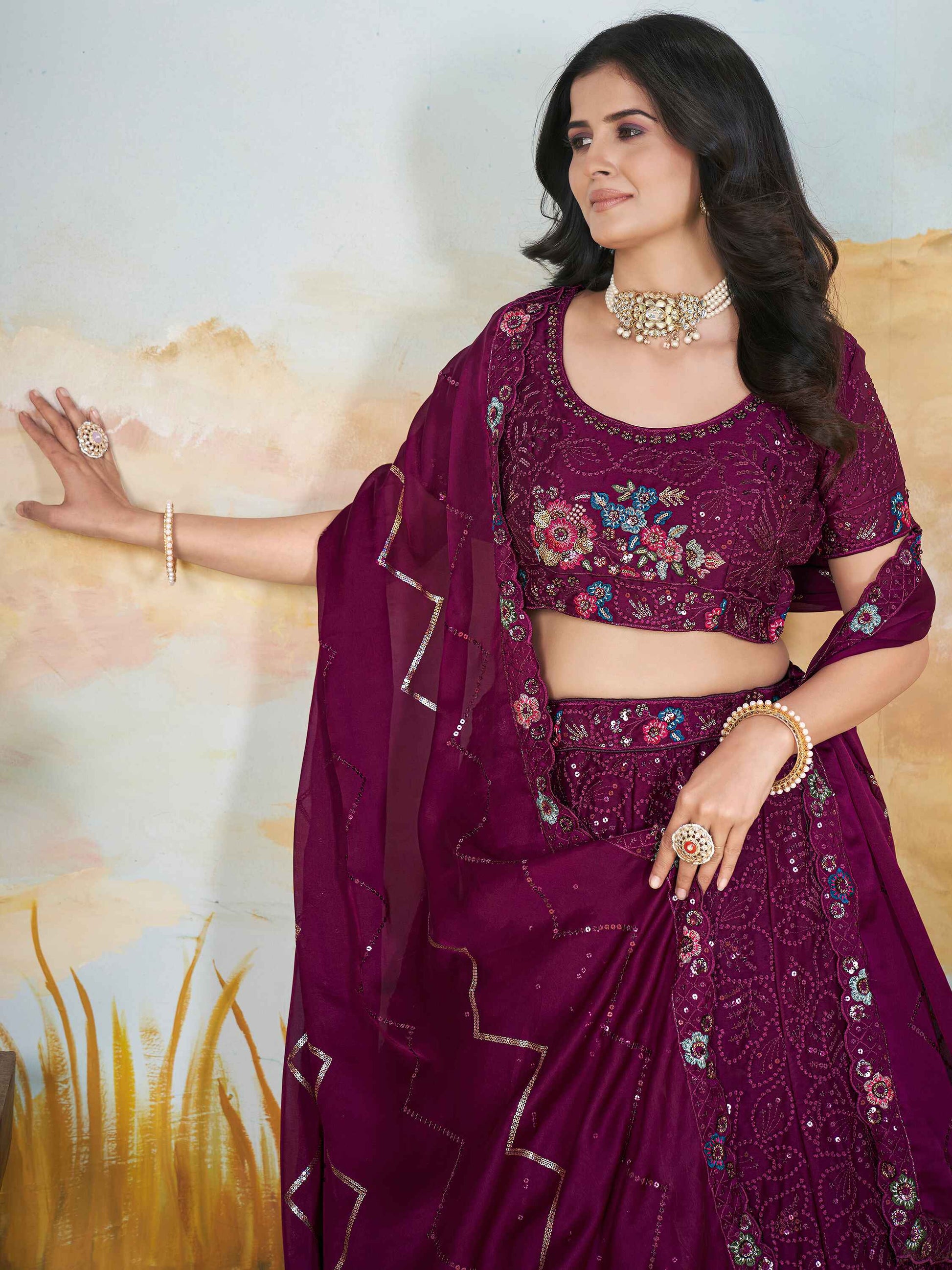 Stunning Wine Thread Work Chinon Engagement Wear Lehenga Choli