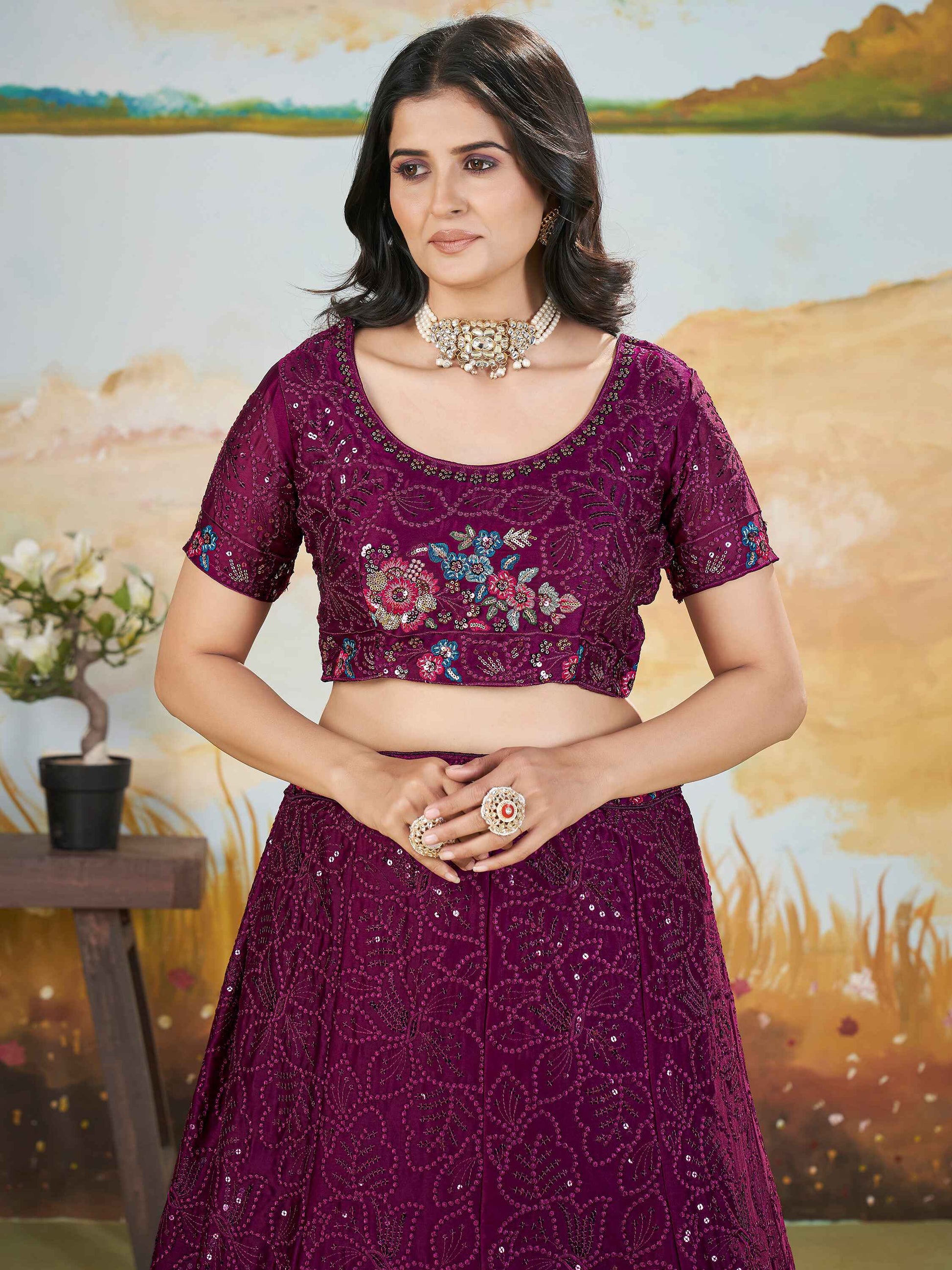 Stunning Wine Thread Work Chinon Engagement Wear Lehenga Choli