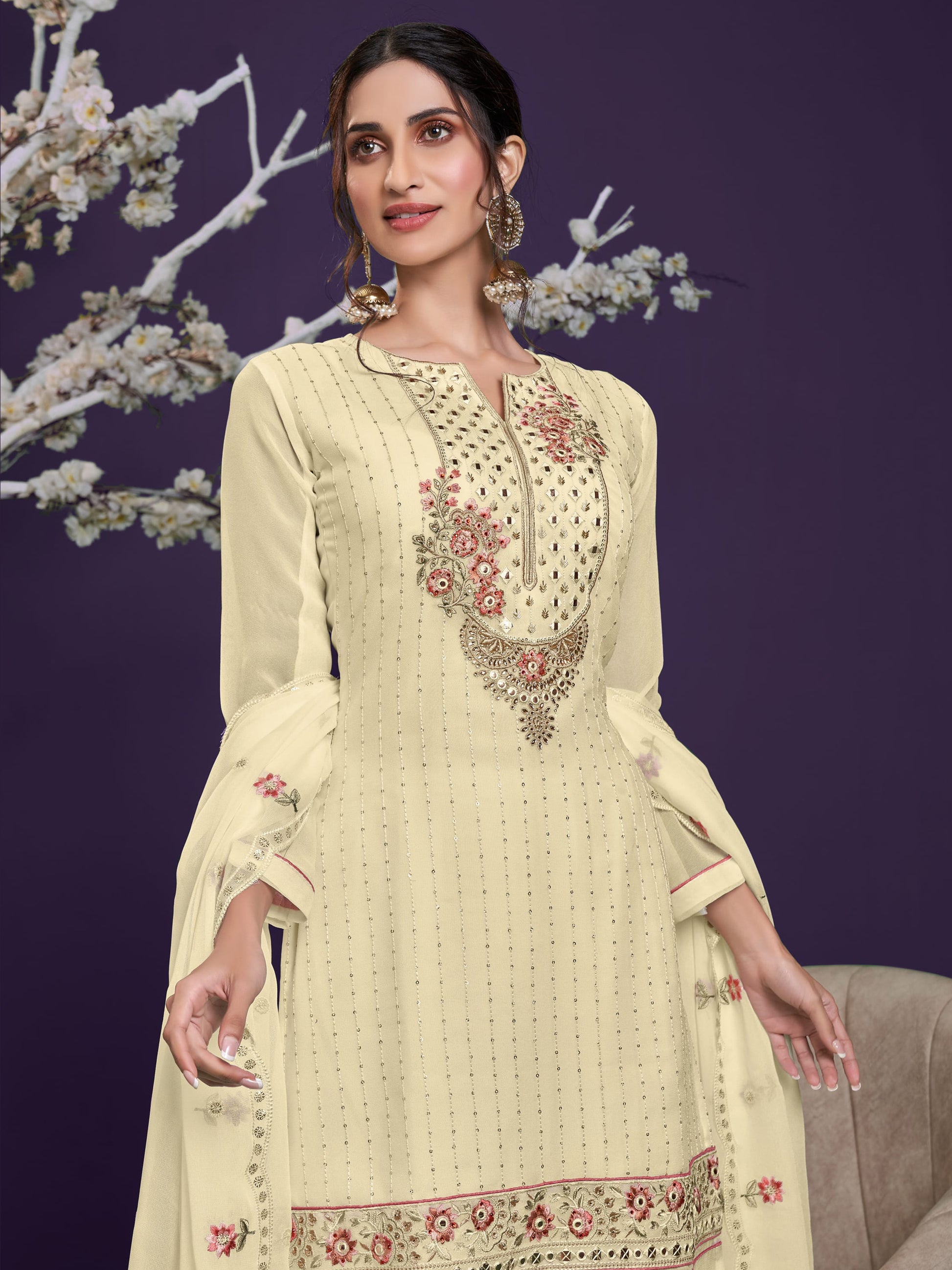 Gorgeous Yellow Sequins Work Georgette Party Wear Sharara Suit