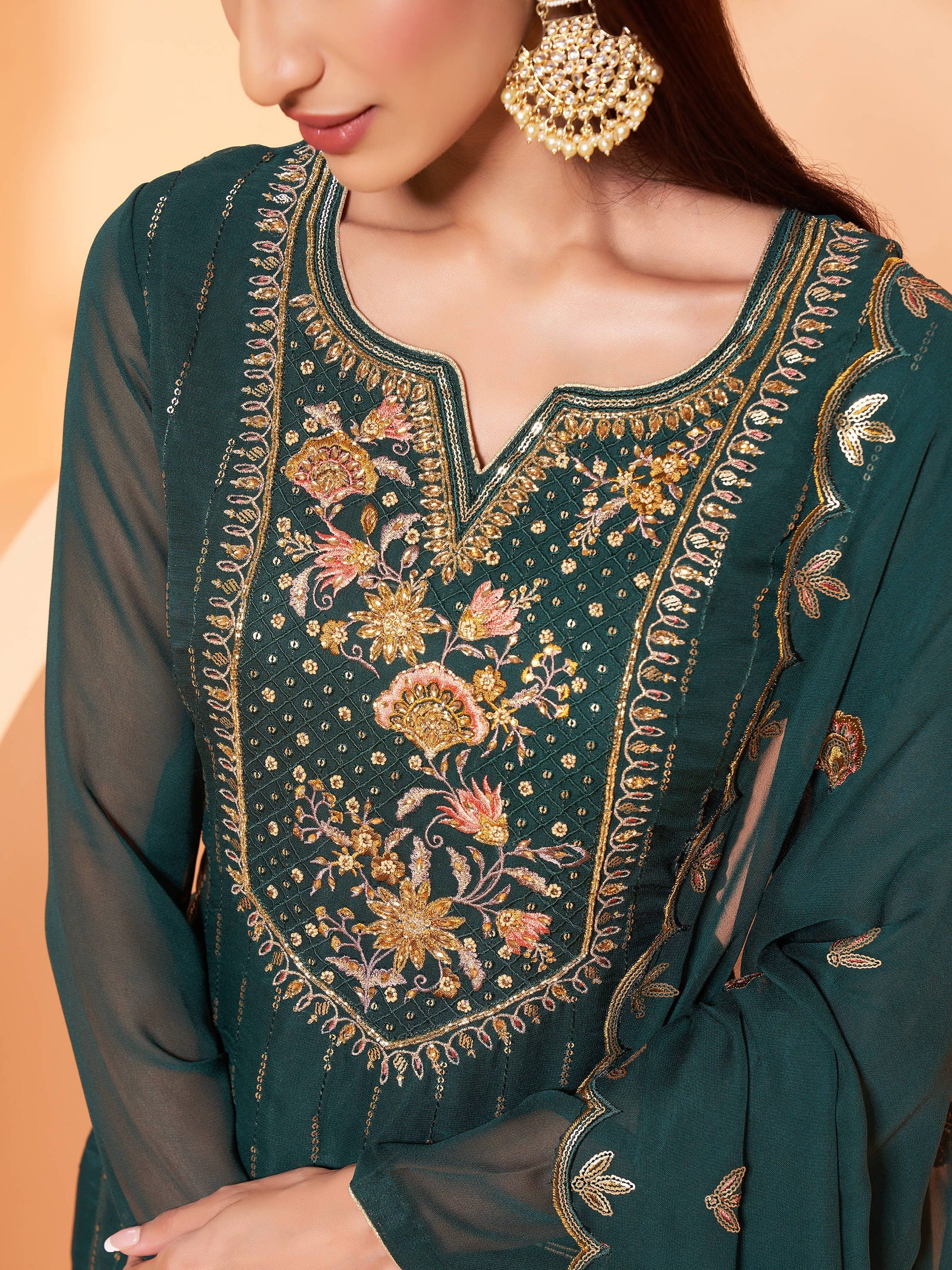 Charming Dark Green Sequins Georgette Festival Wear Sharara Suit