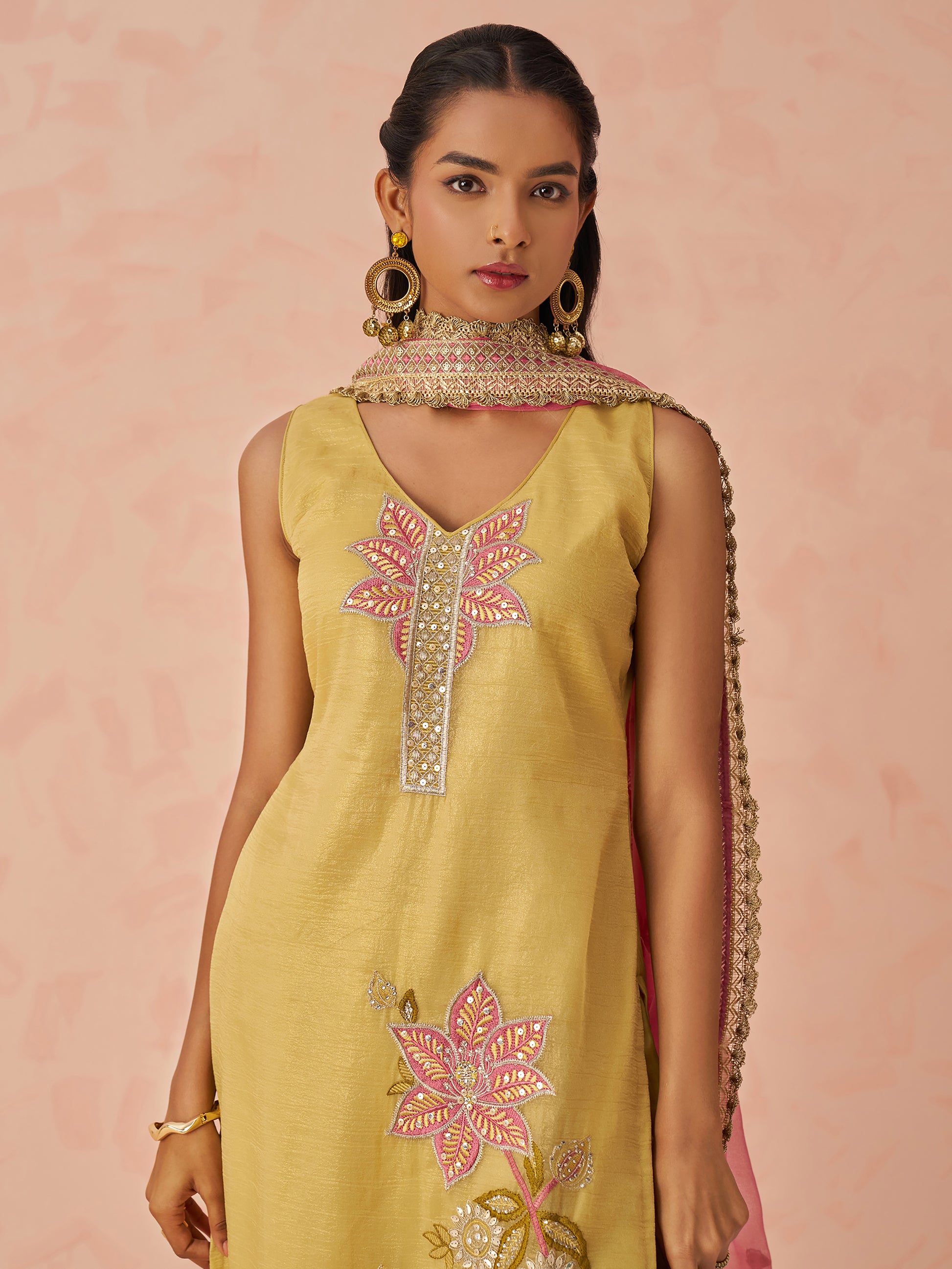 Awesome Yellow Floral Embroidery Silk Event Wear Pant Suit