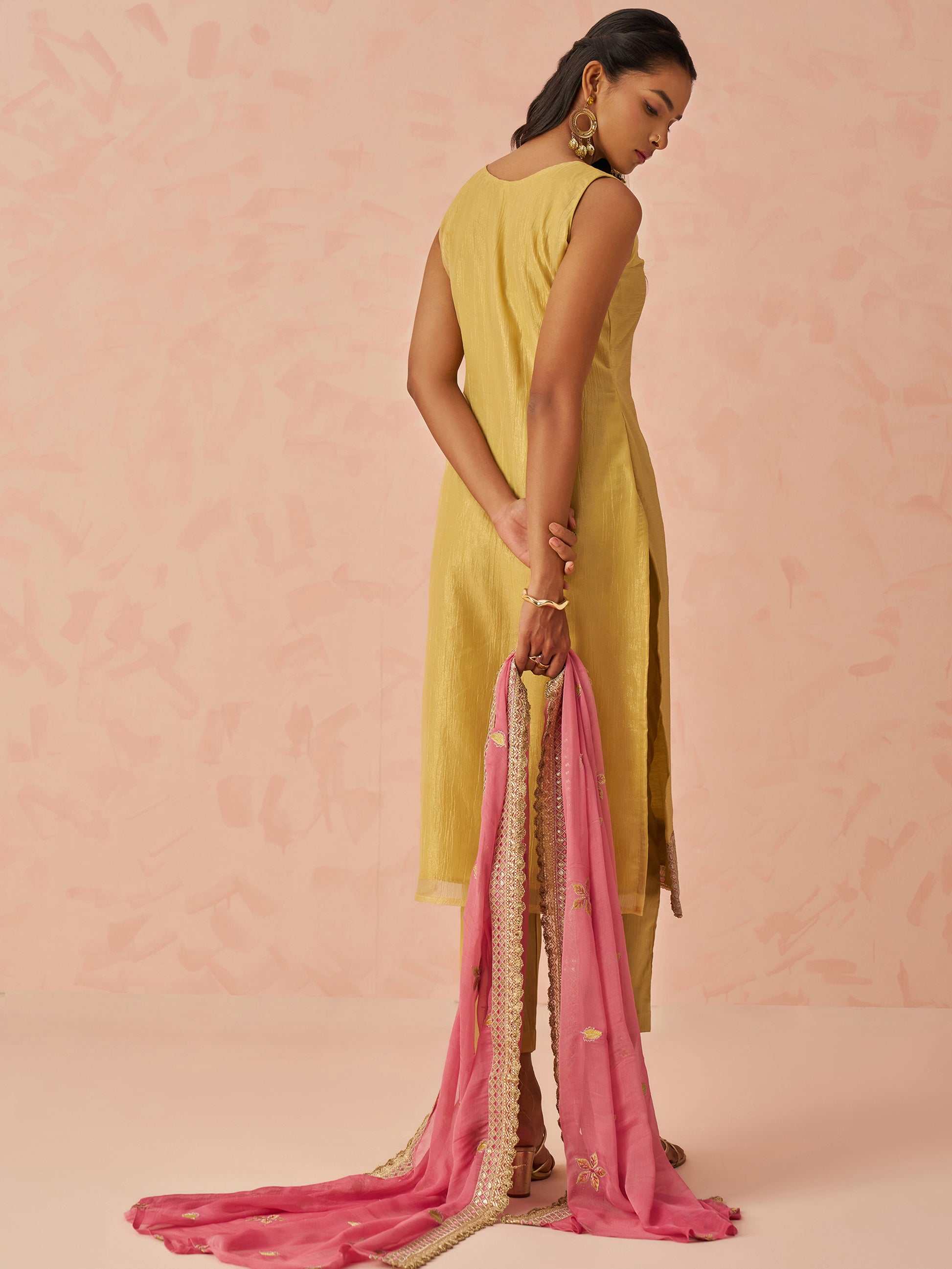 Awesome Yellow Floral Embroidery Silk Event Wear Pant Suit