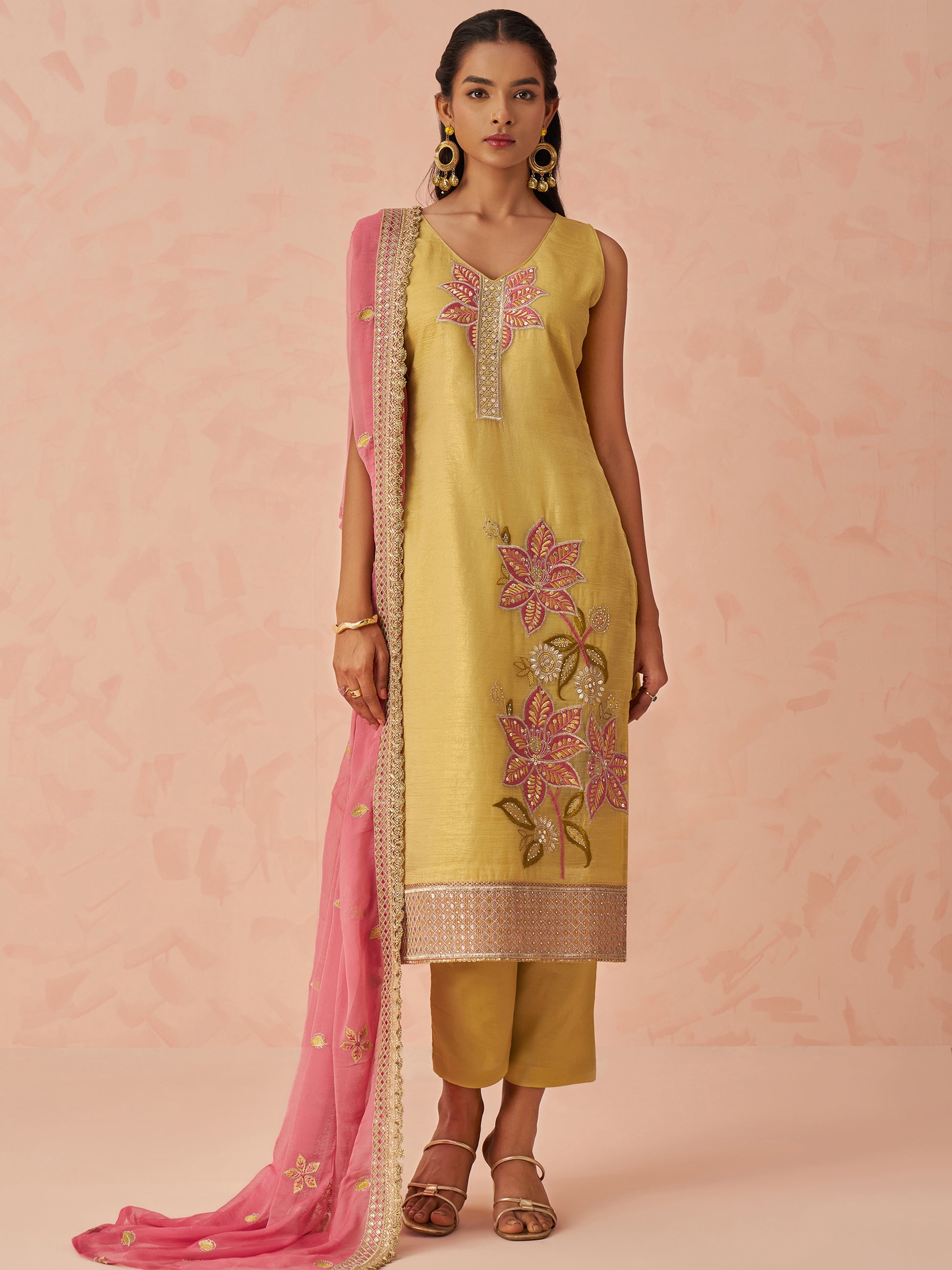 Awesome Yellow Floral Embroidery Silk Event Wear Pant Suit