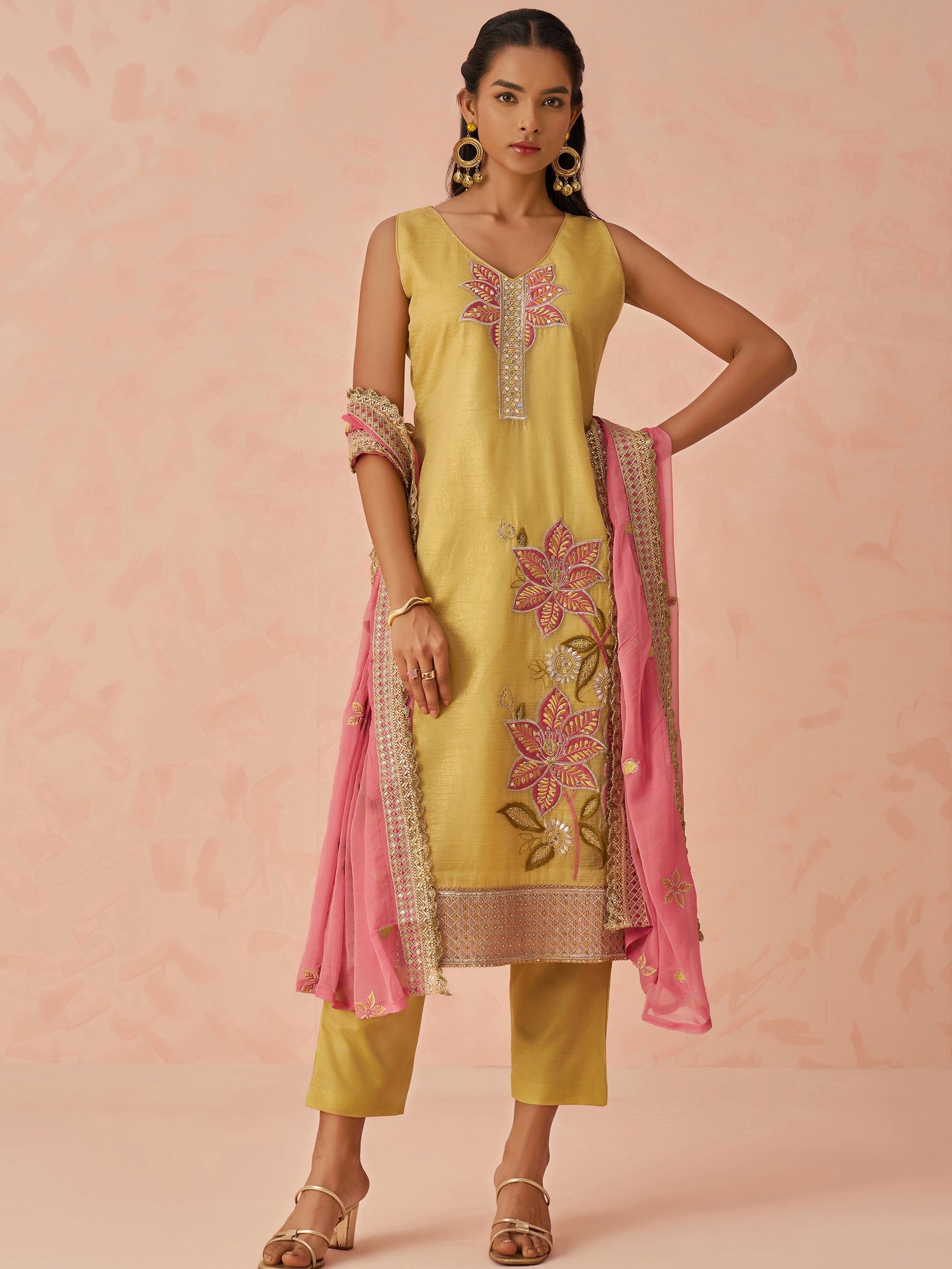 Awesome Yellow Floral Embroidery Silk Event Wear Pant Suit