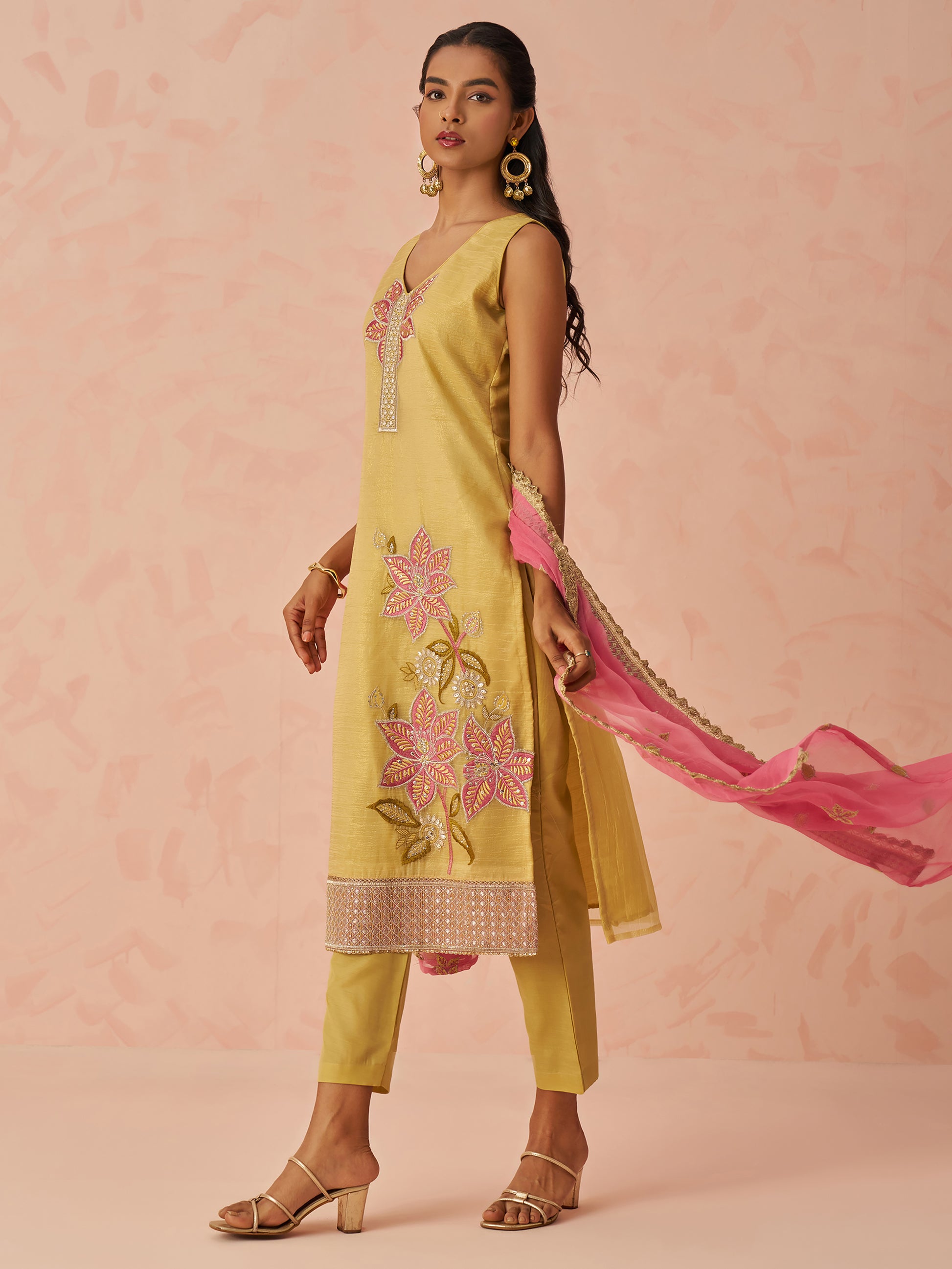 Awesome Yellow Floral Embroidery Silk Event Wear Pant Suit