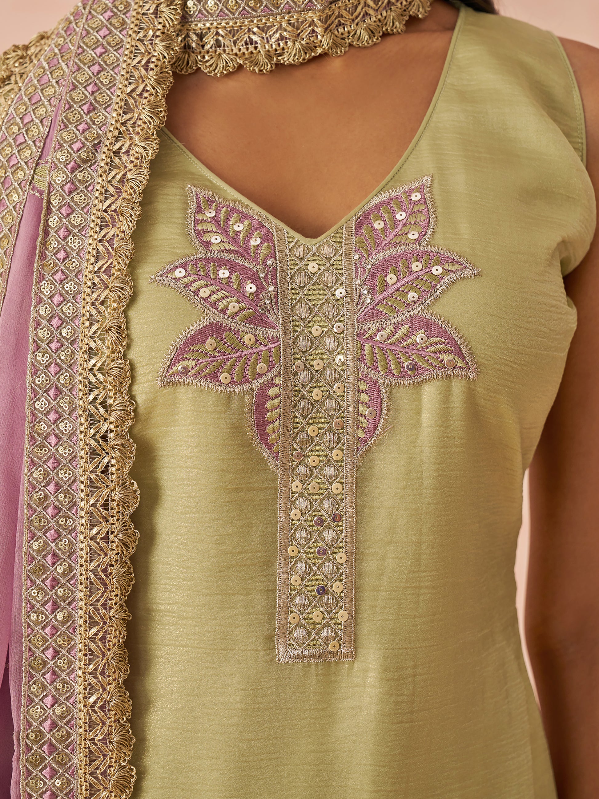 Marvelous Pista Green Floral Embroidered Silk Festival Wear Pant Suit