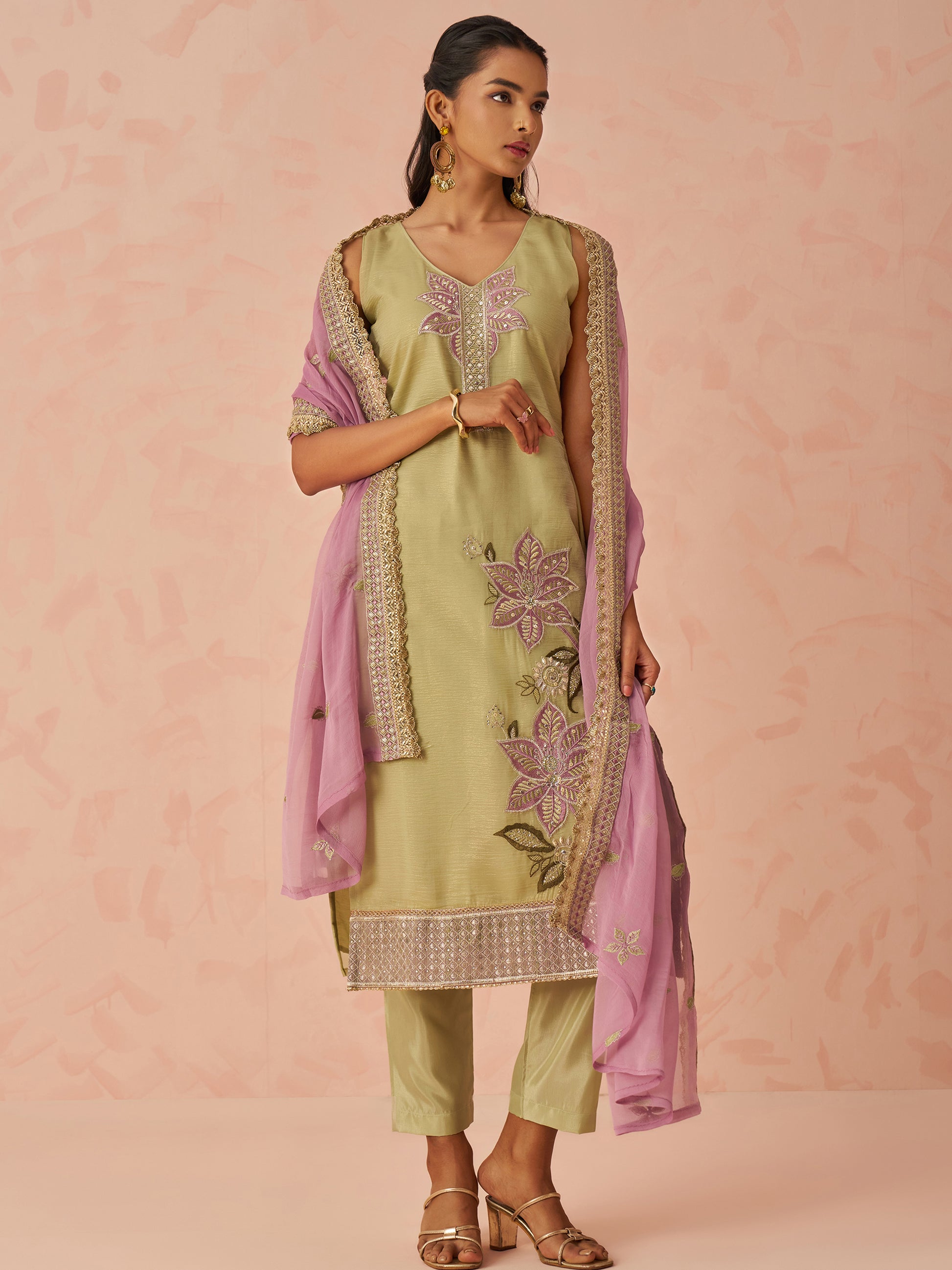 Marvelous Pista Green Floral Embroidered Silk Festival Wear Pant Suit