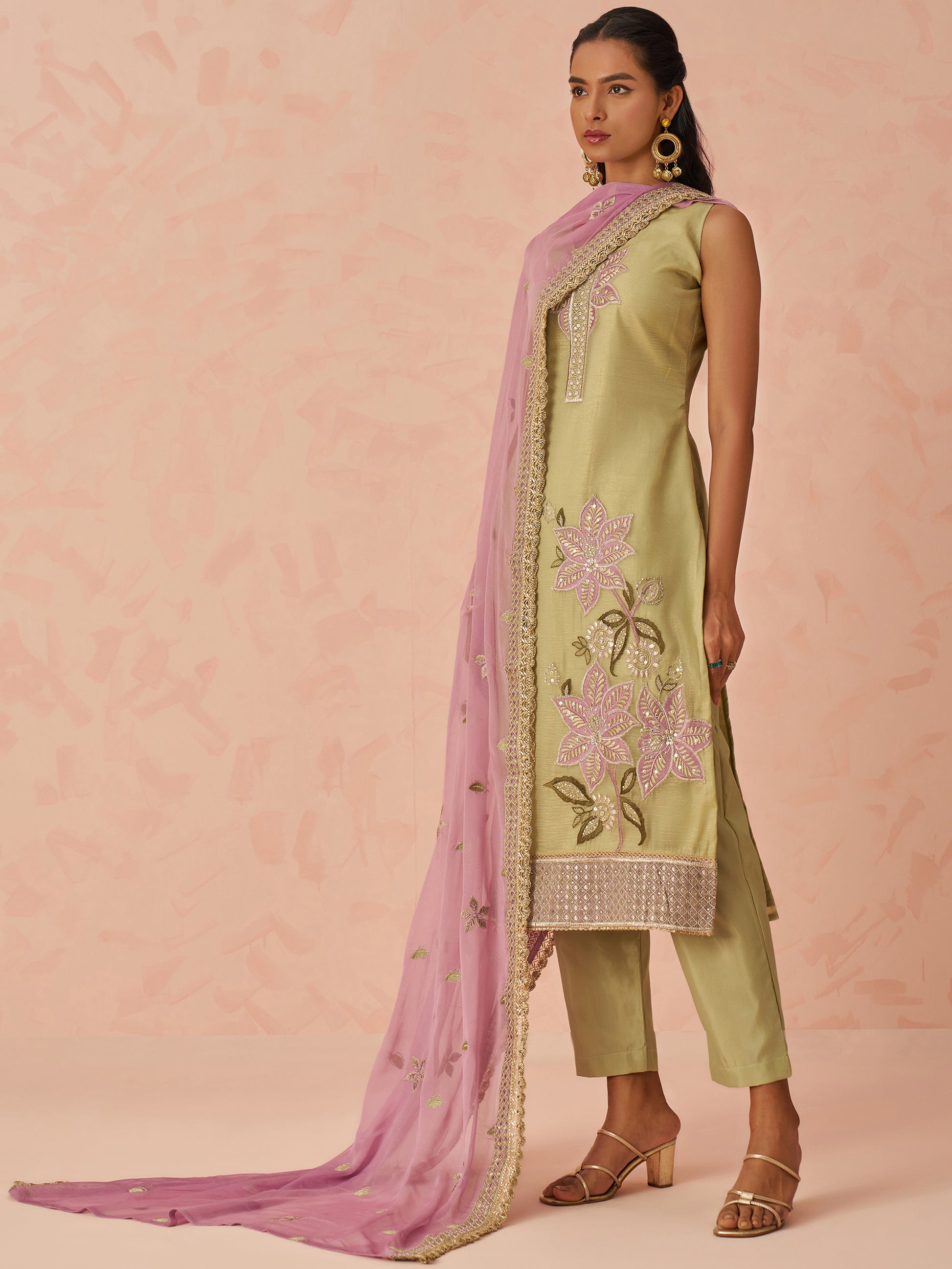 Marvelous Pista Green Floral Embroidered Silk Festival Wear Pant Suit