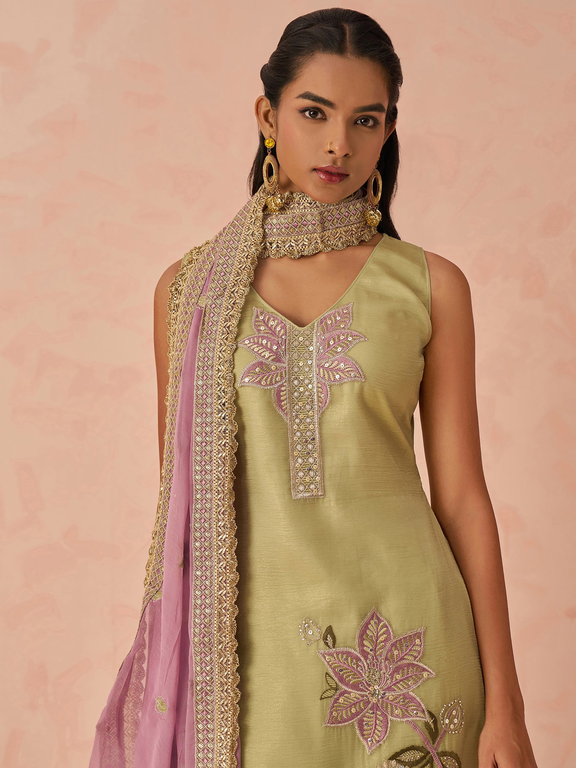 Marvelous Pista Green Floral Embroidered Silk Festival Wear Pant Suit