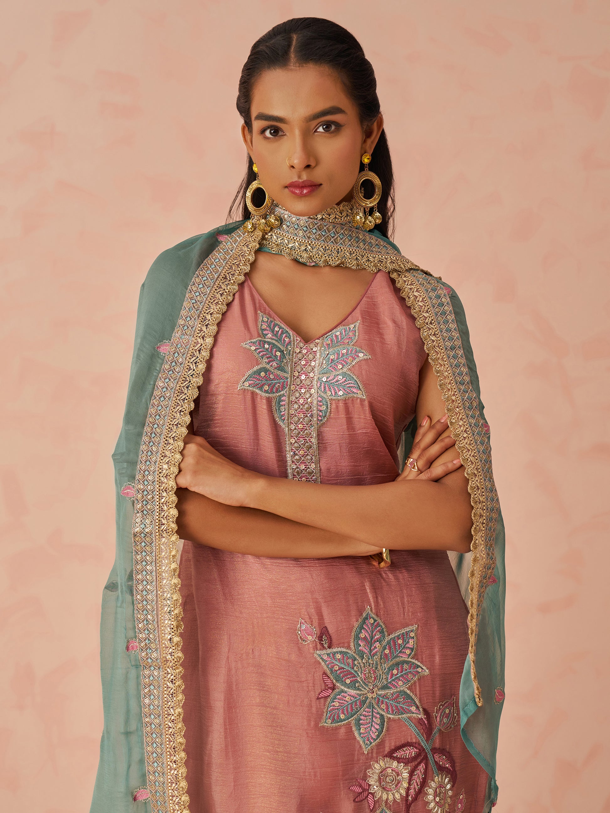 Glamorous Peach Floral Embroidered Silk Pant Suit With Dupatta