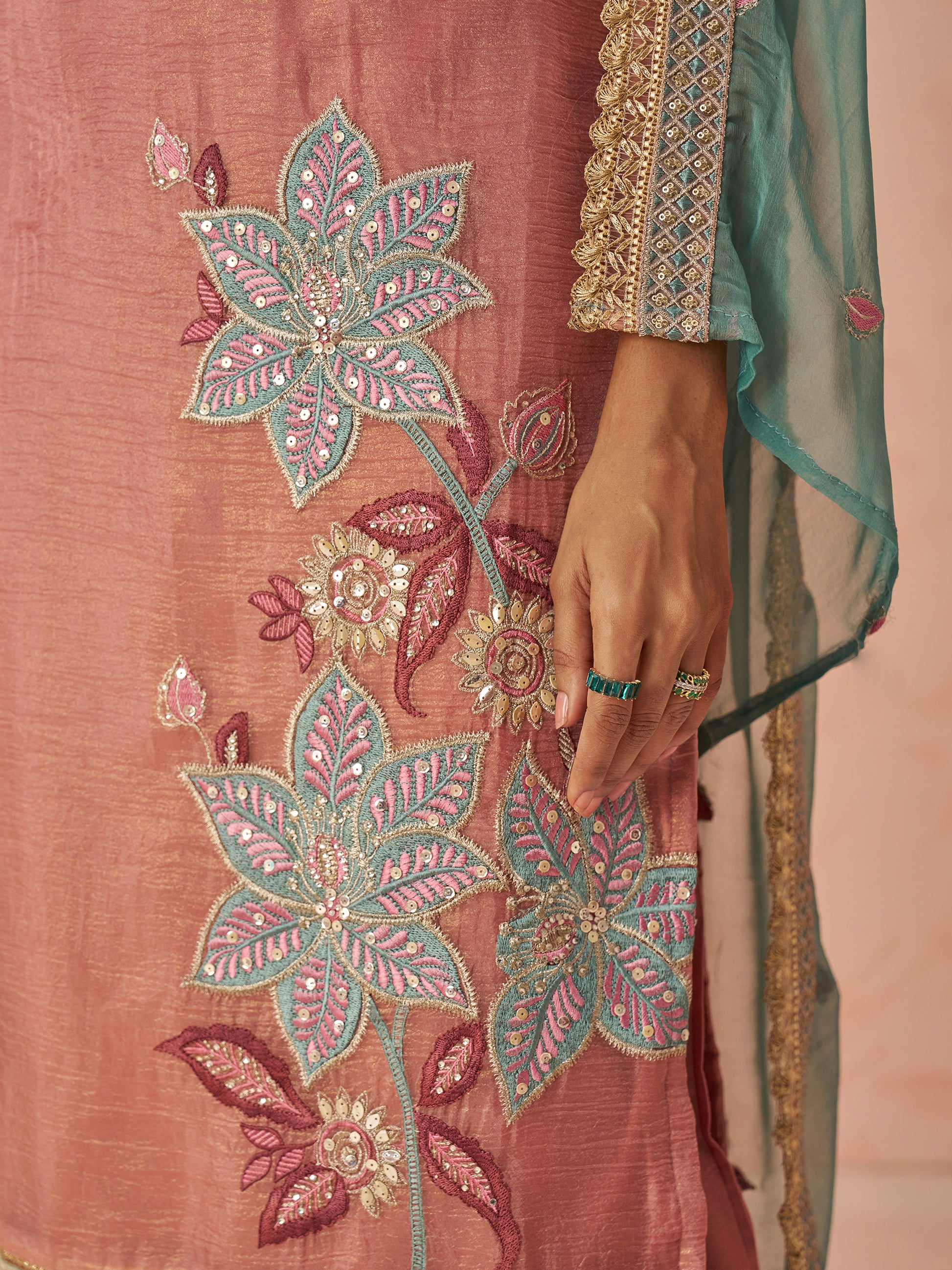 Glamorous Peach Floral Embroidered Silk Pant Suit With Dupatta