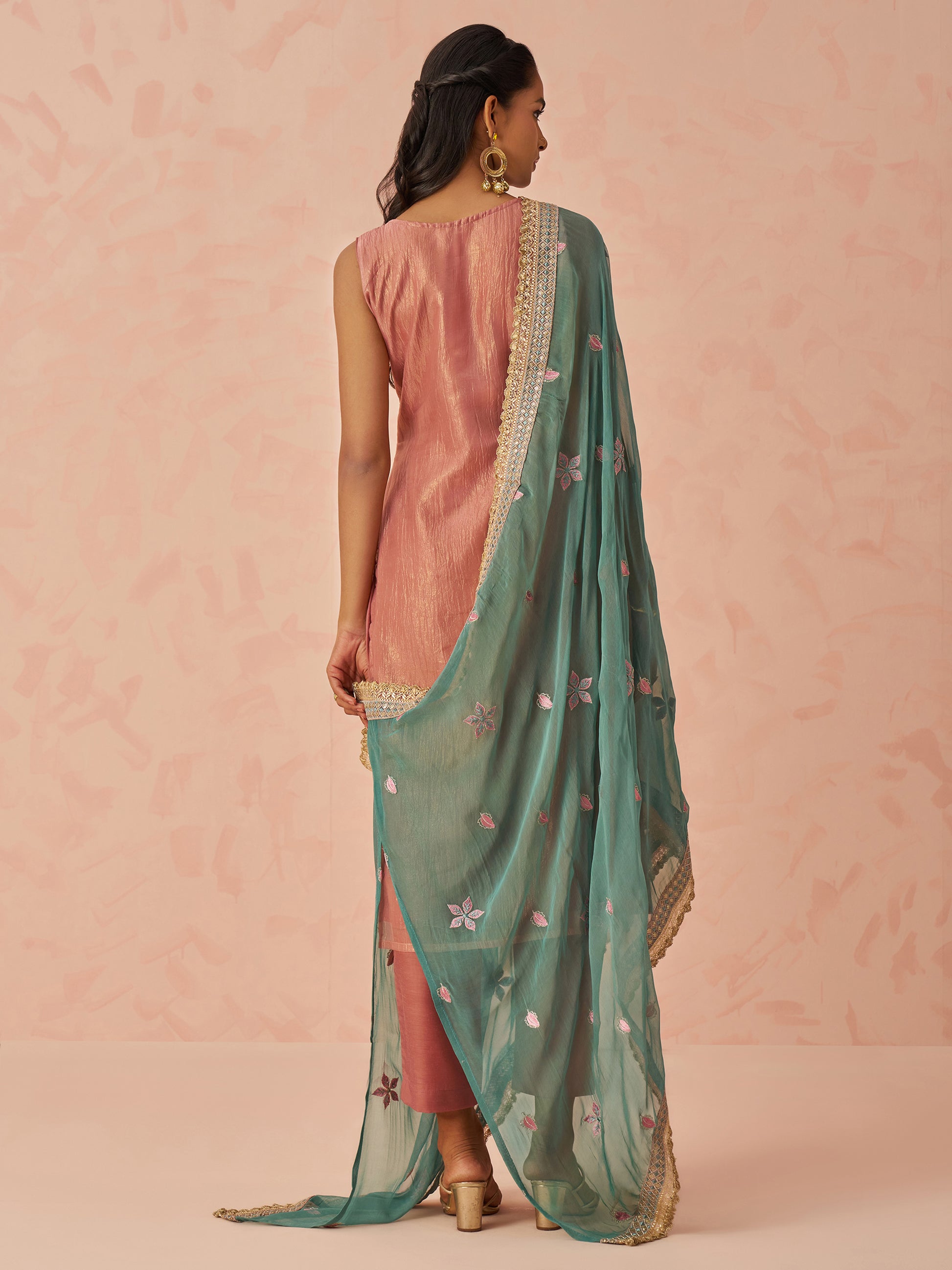 Glamorous Peach Floral Embroidered Silk Pant Suit With Dupatta