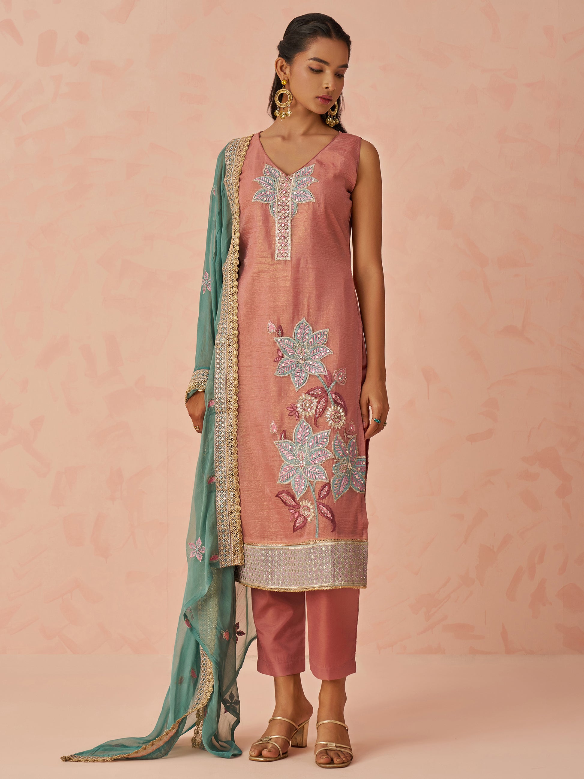 Glamorous Peach Floral Embroidered Silk Pant Suit With Dupatta