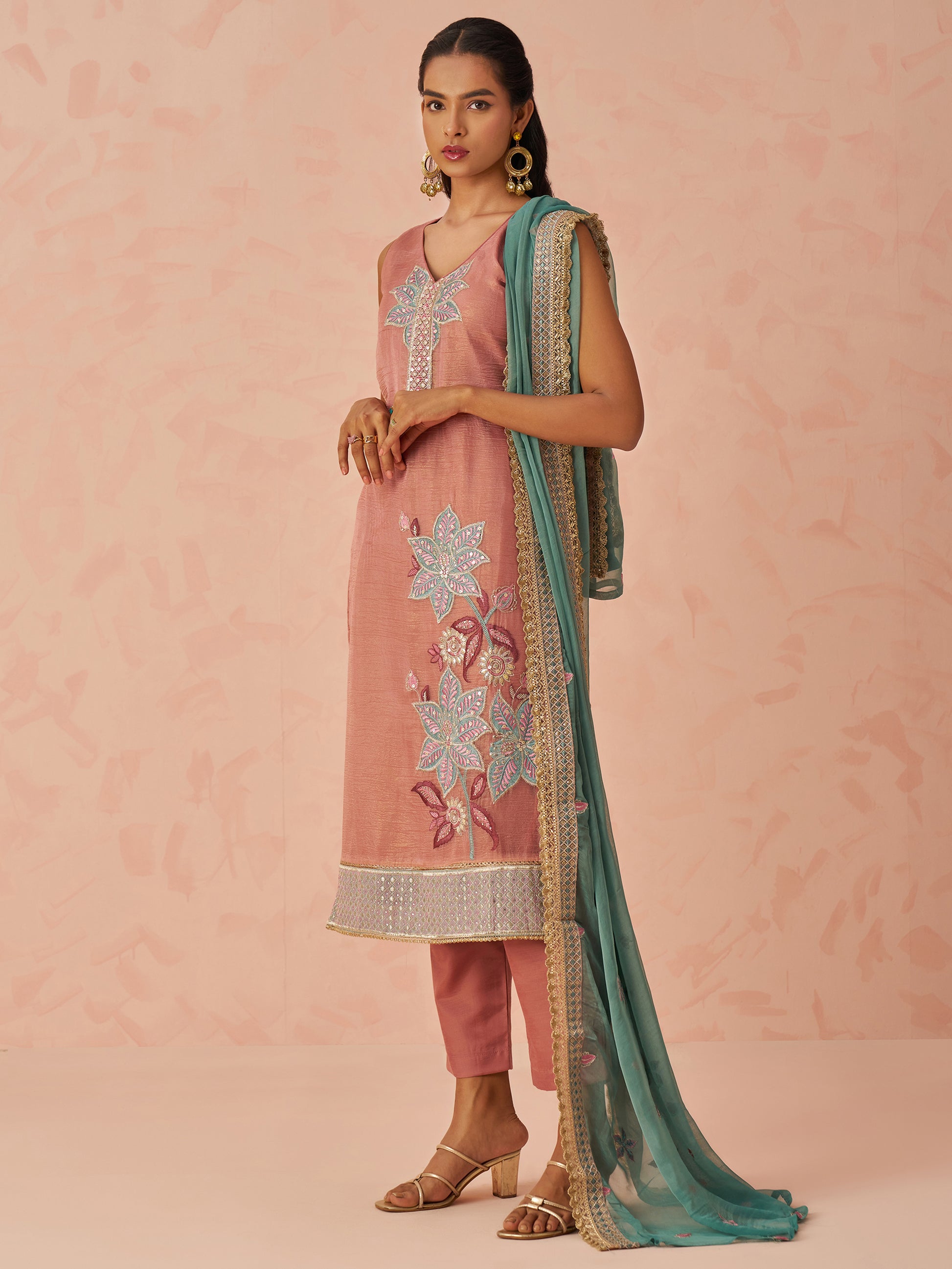 Glamorous Peach Floral Embroidered Silk Pant Suit With Dupatta
