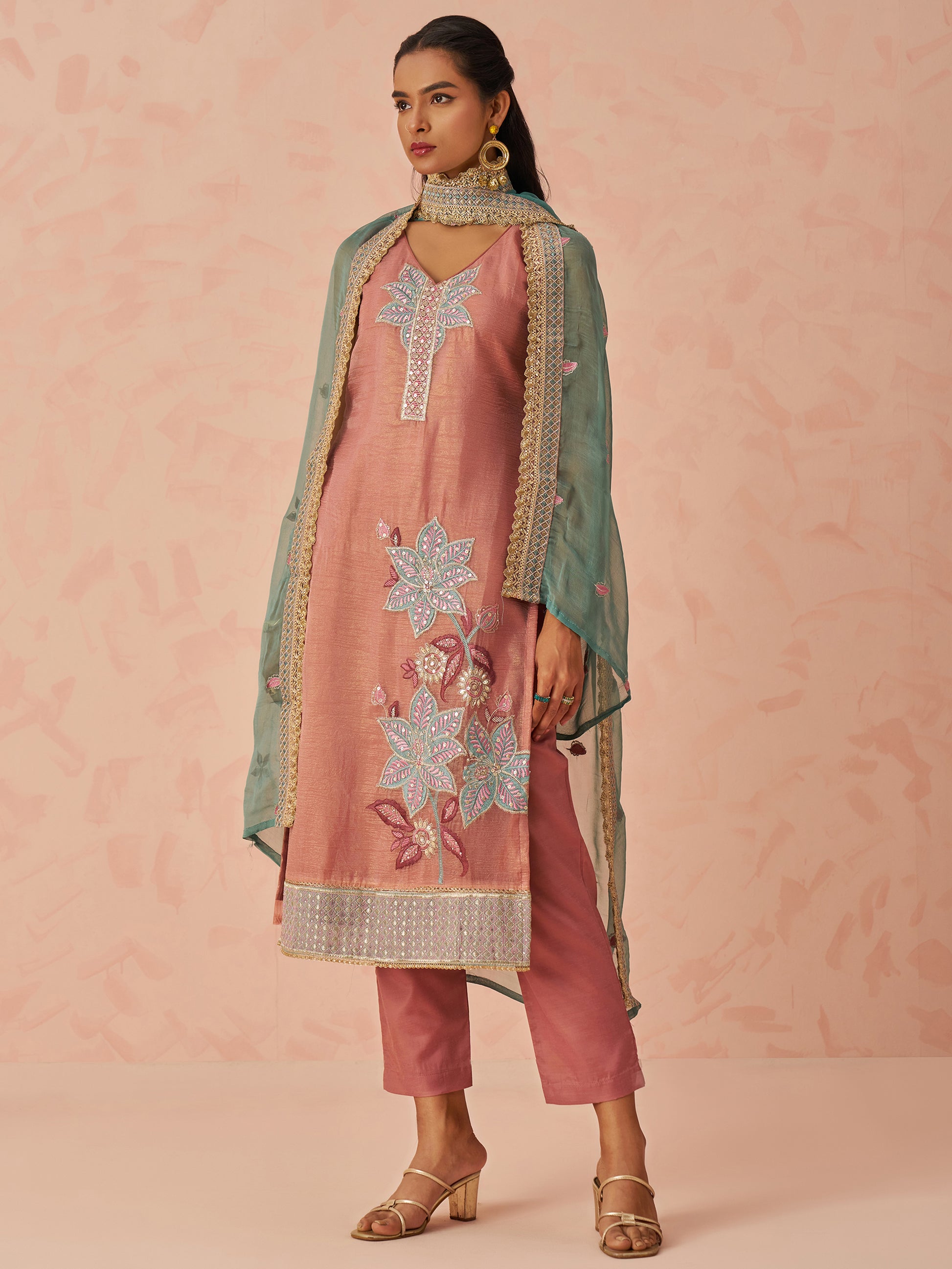 Glamorous Peach Floral Embroidered Silk Pant Suit With Dupatta