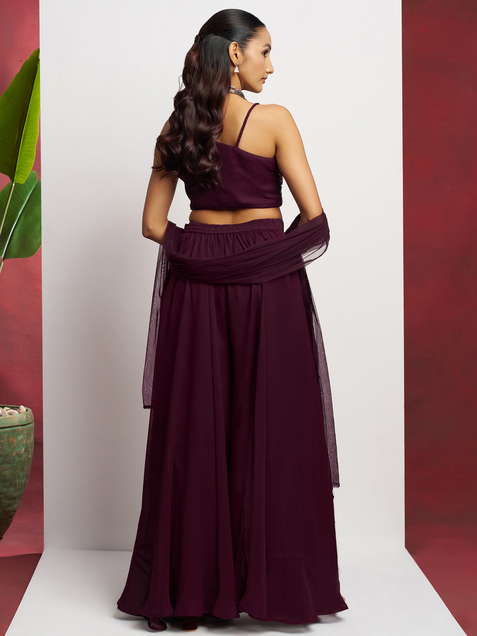 Attractive Wine Khatli Work Georgette Designer Crop Top Palazzo
