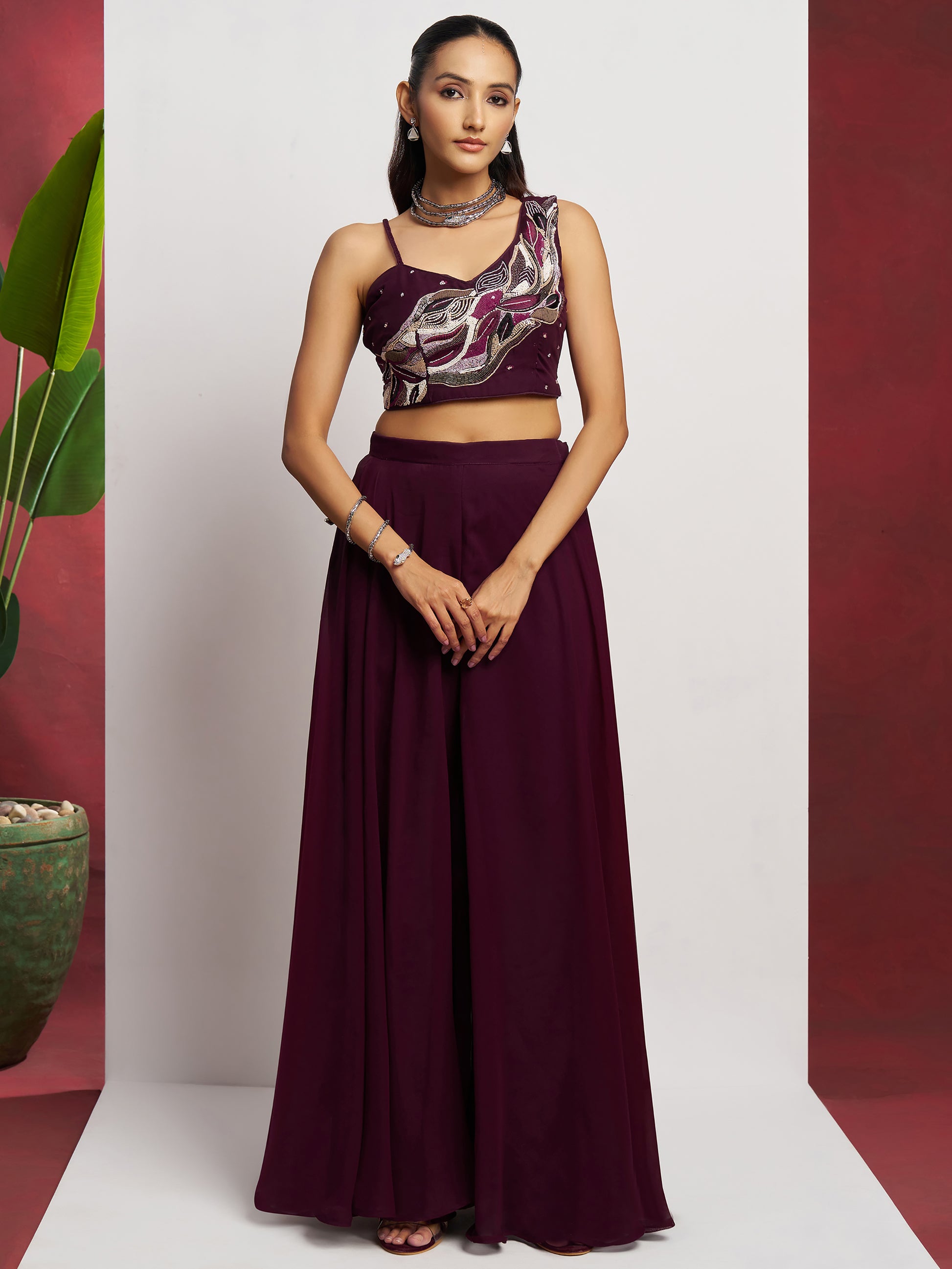 Attractive Wine Khatli Work Georgette Designer Crop Top Palazzo