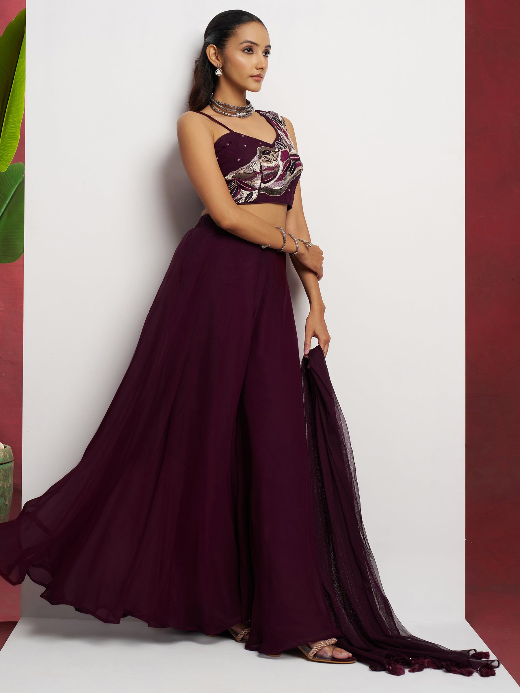 Attractive Wine Khatli Work Georgette Designer Crop Top Palazzo