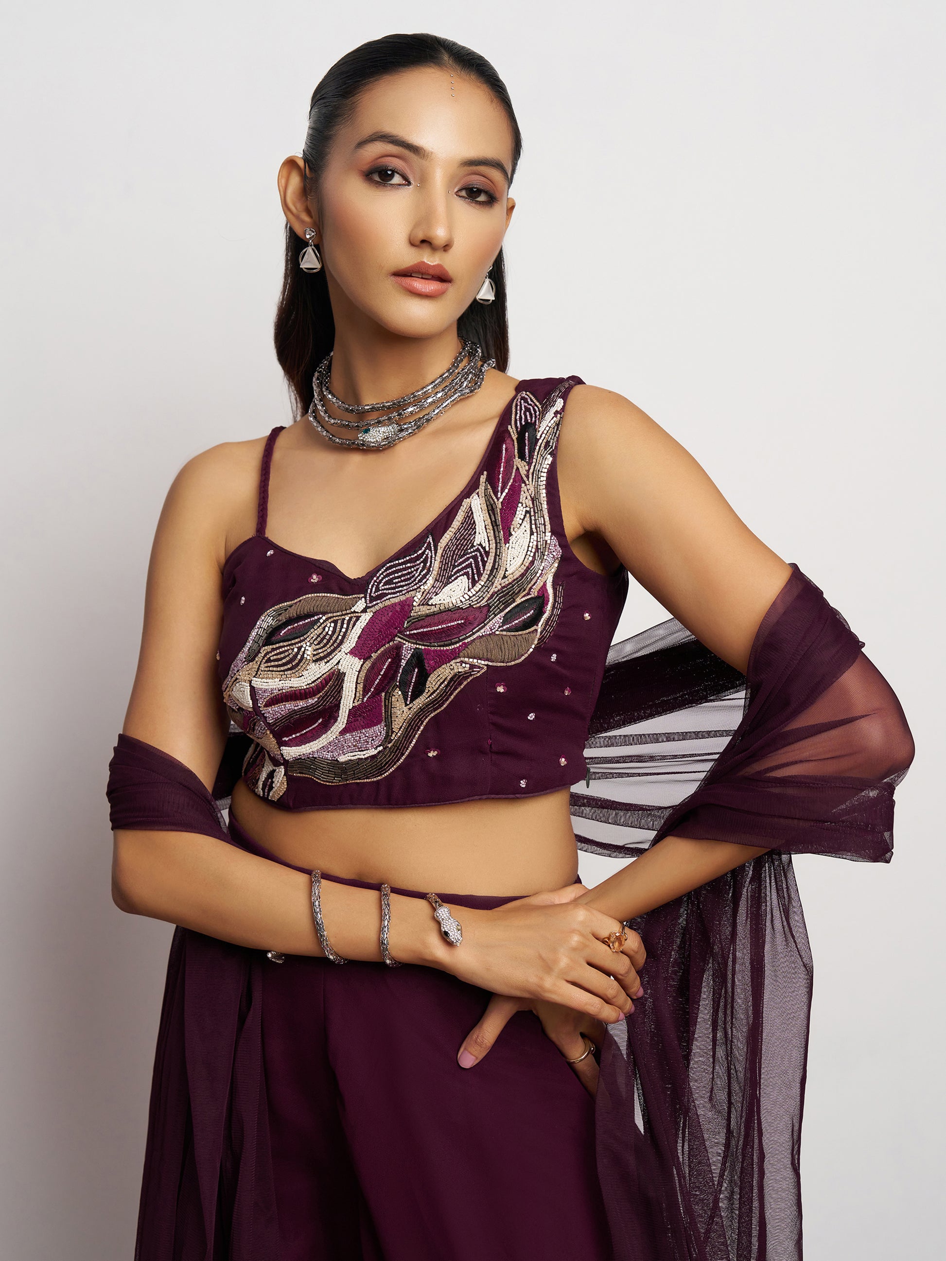 Attractive Wine Khatli Work Georgette Designer Crop Top Palazzo