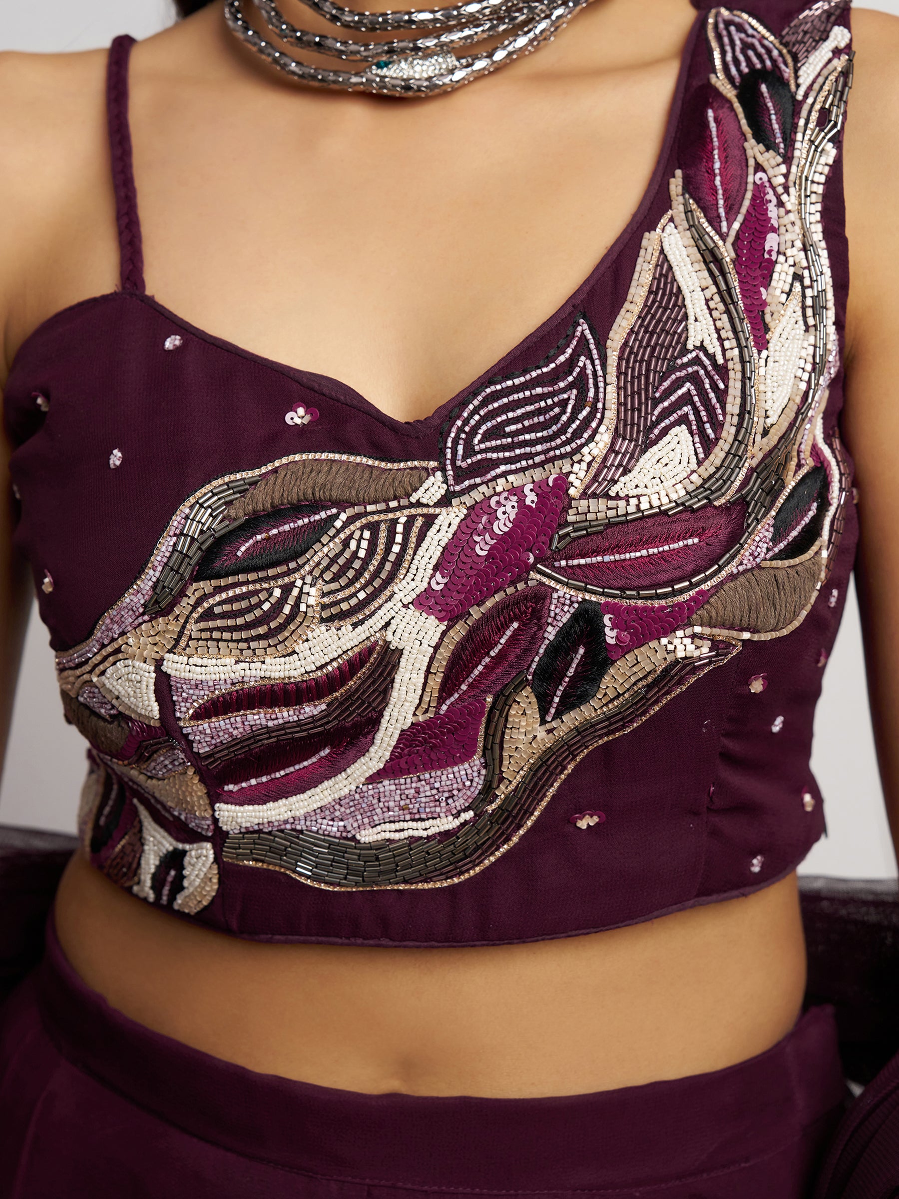Attractive Wine Khatli Work Georgette Designer Crop Top Palazzo