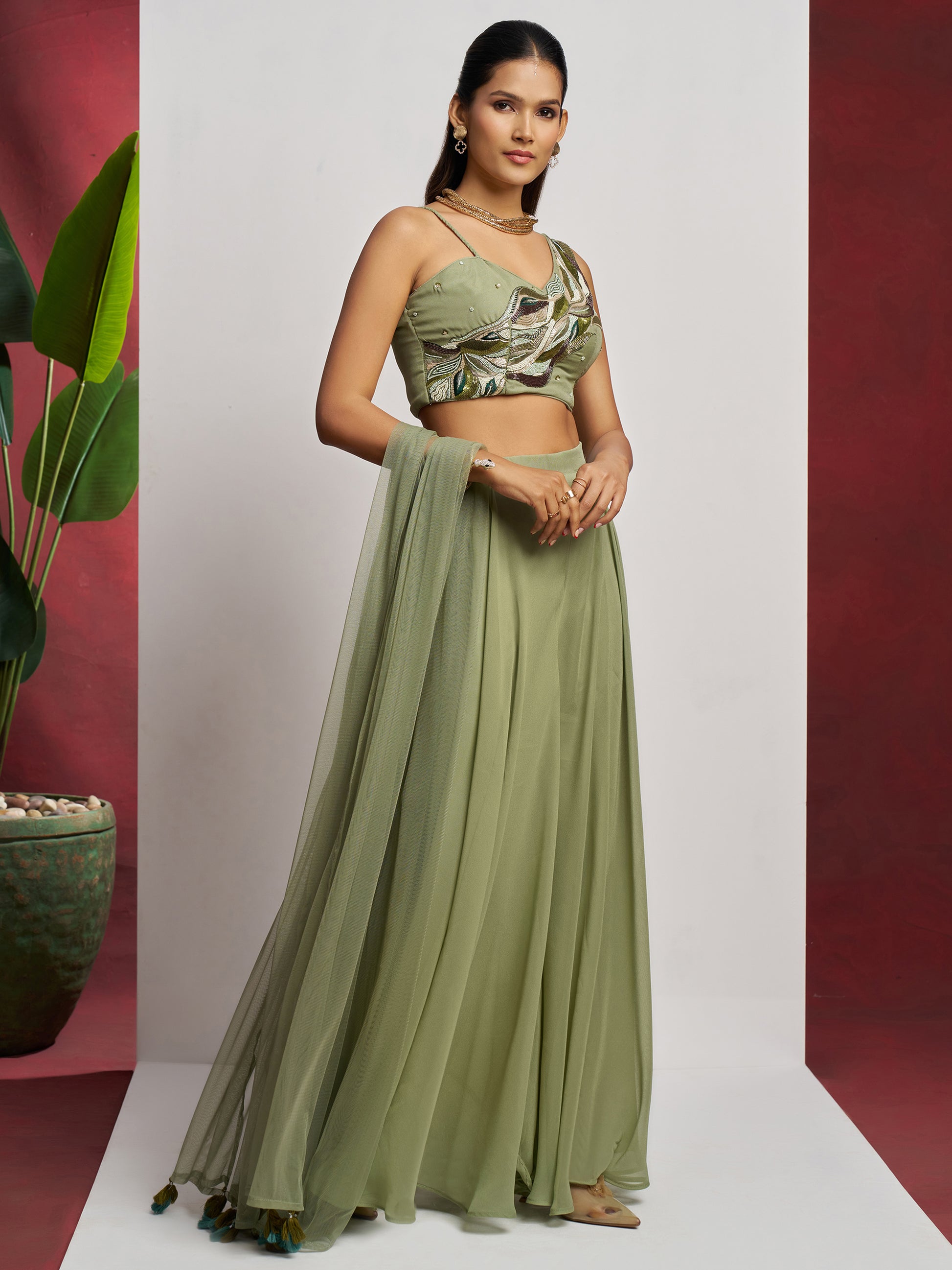 Gorgeous Pista Green Khatli Work Georgette Party Wear Crop Top Palazzo