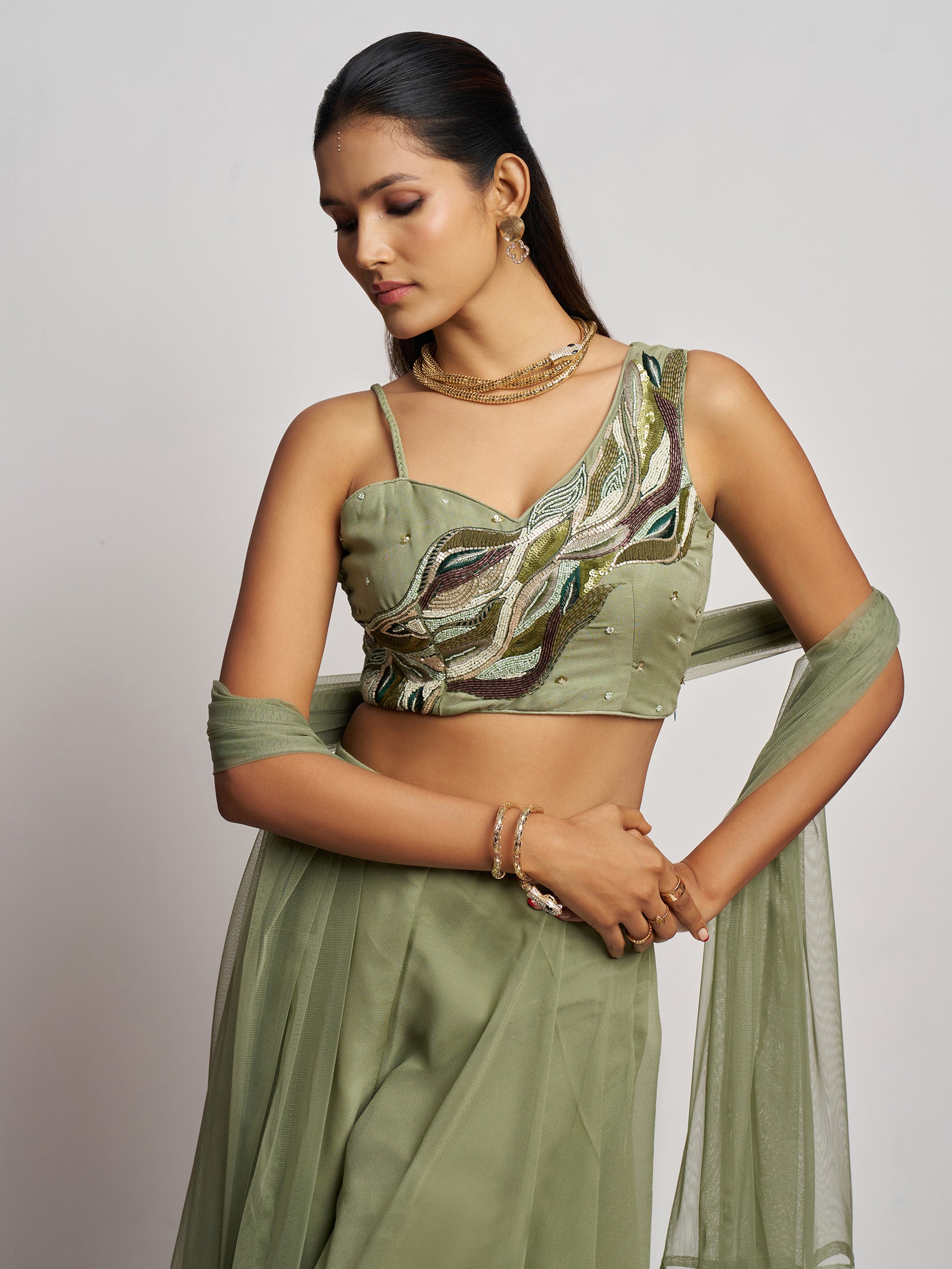 Gorgeous Pista Green Khatli Work Georgette Party Wear Crop Top Palazzo
