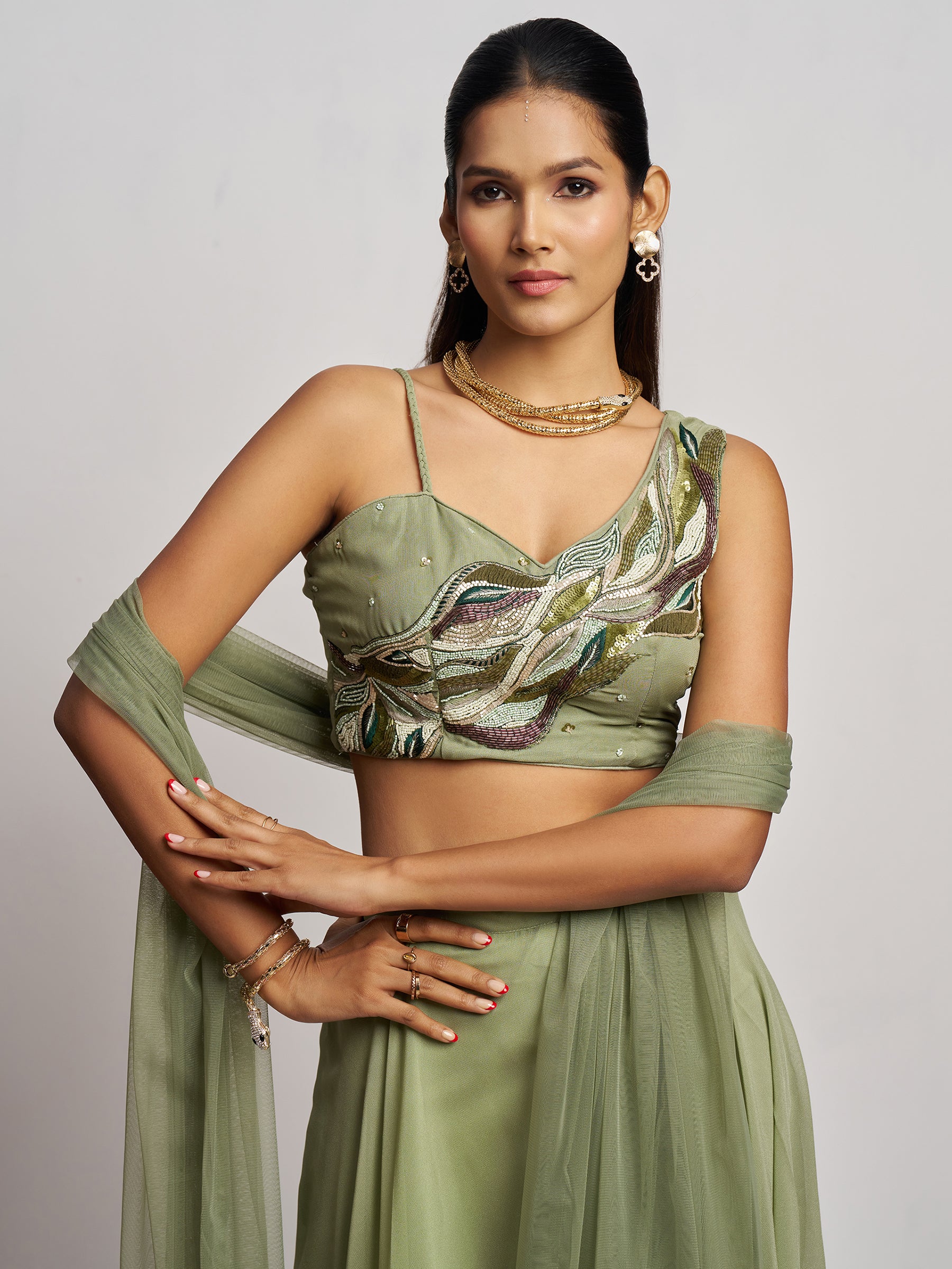 Gorgeous Pista Green Khatli Work Georgette Party Wear Crop Top Palazzo