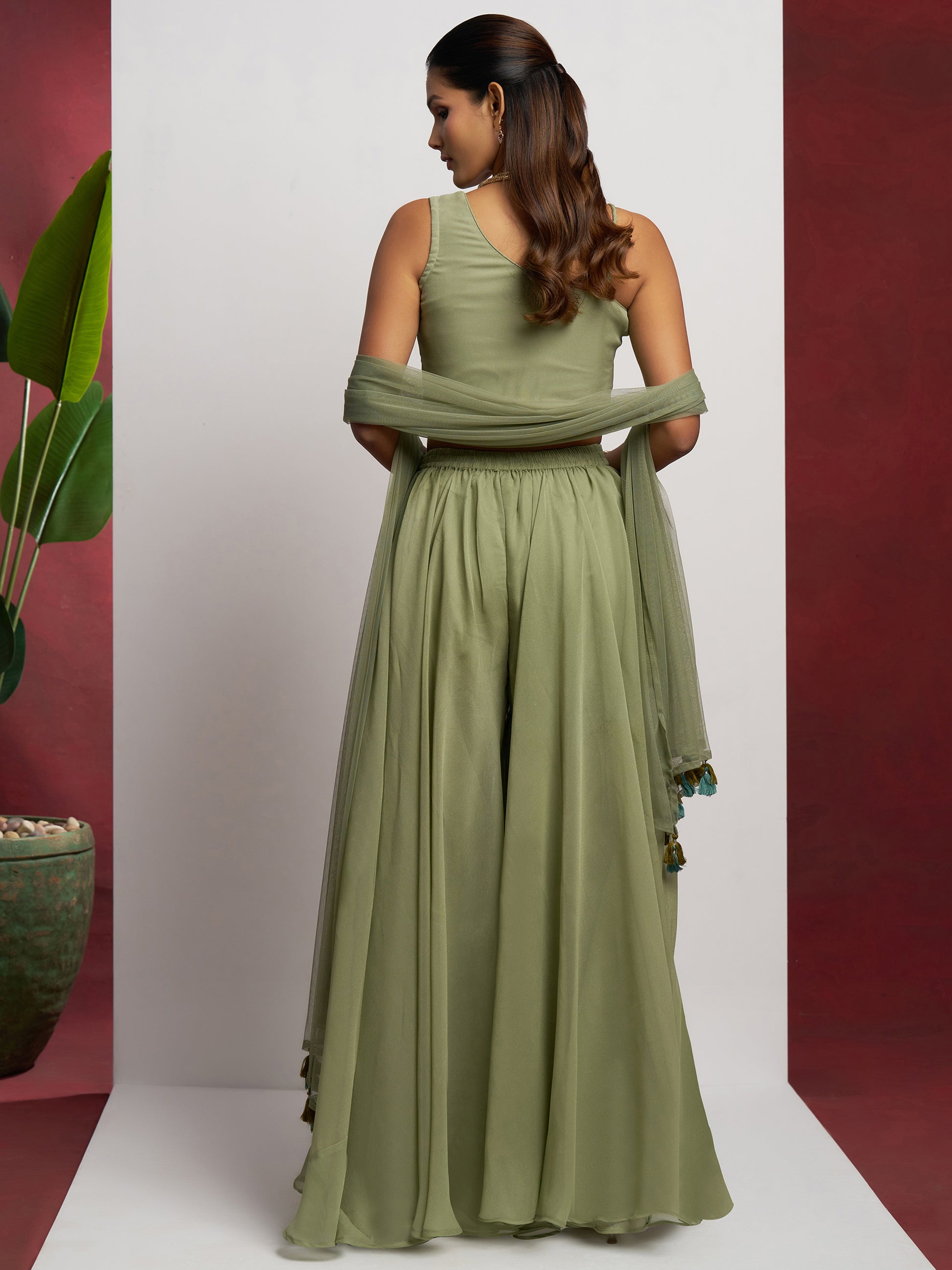 Gorgeous Pista Green Khatli Work Georgette Party Wear Crop Top Palazzo