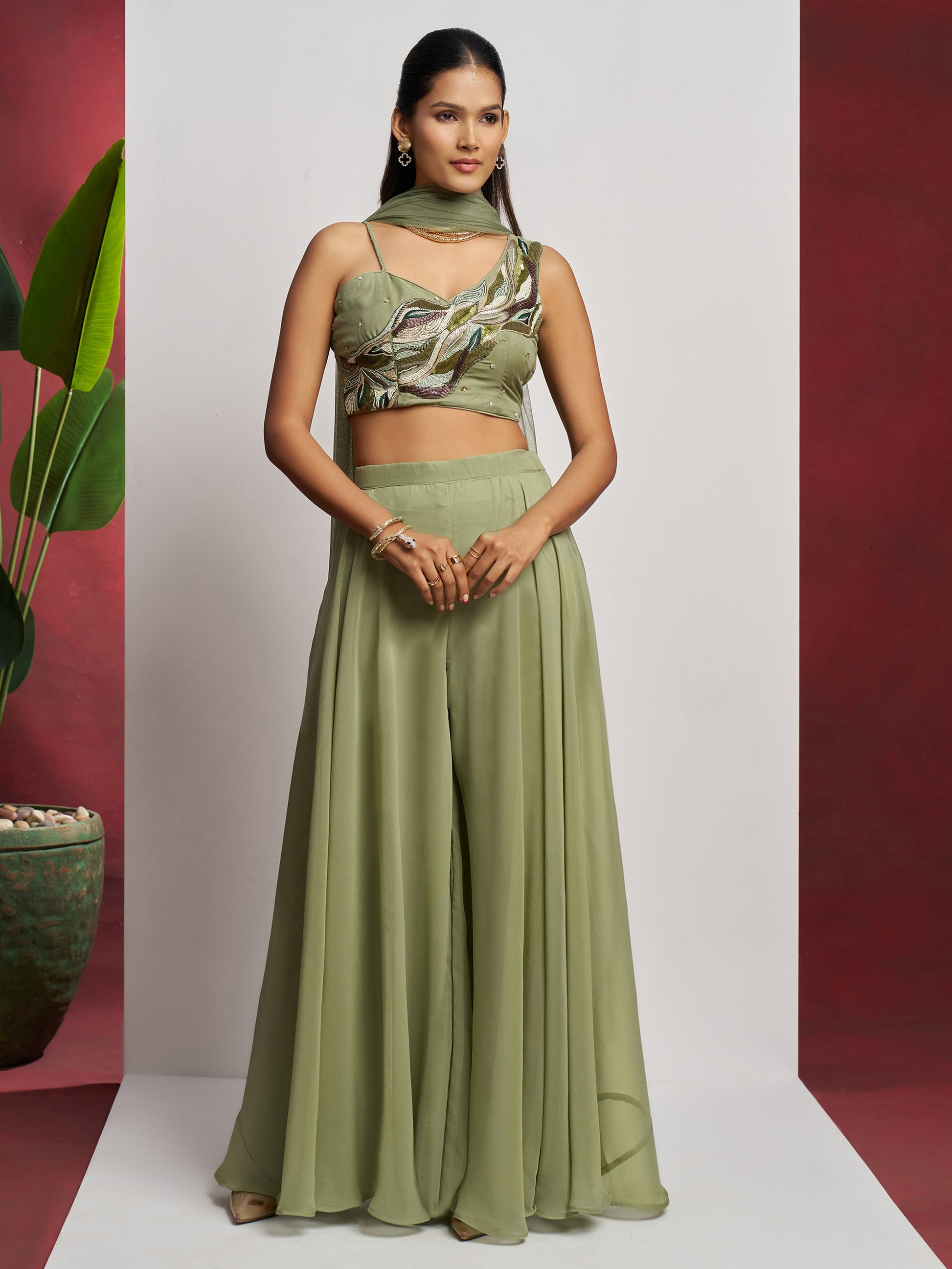 Gorgeous Pista Green Khatli Work Georgette Party Wear Crop Top Palazzo