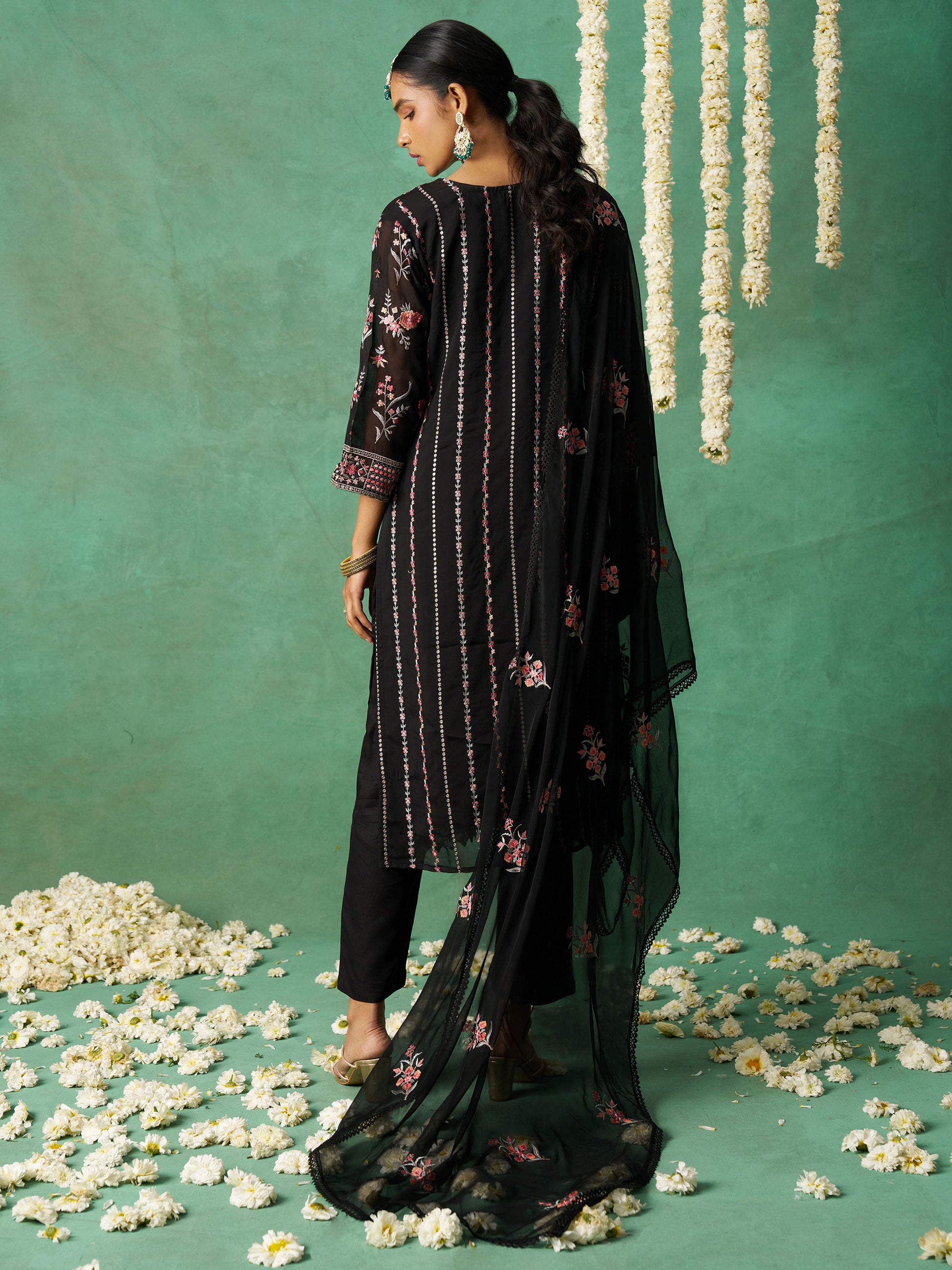 Alluring Black Embroidered Organza Festive Wear Pant Suit with Dupatta