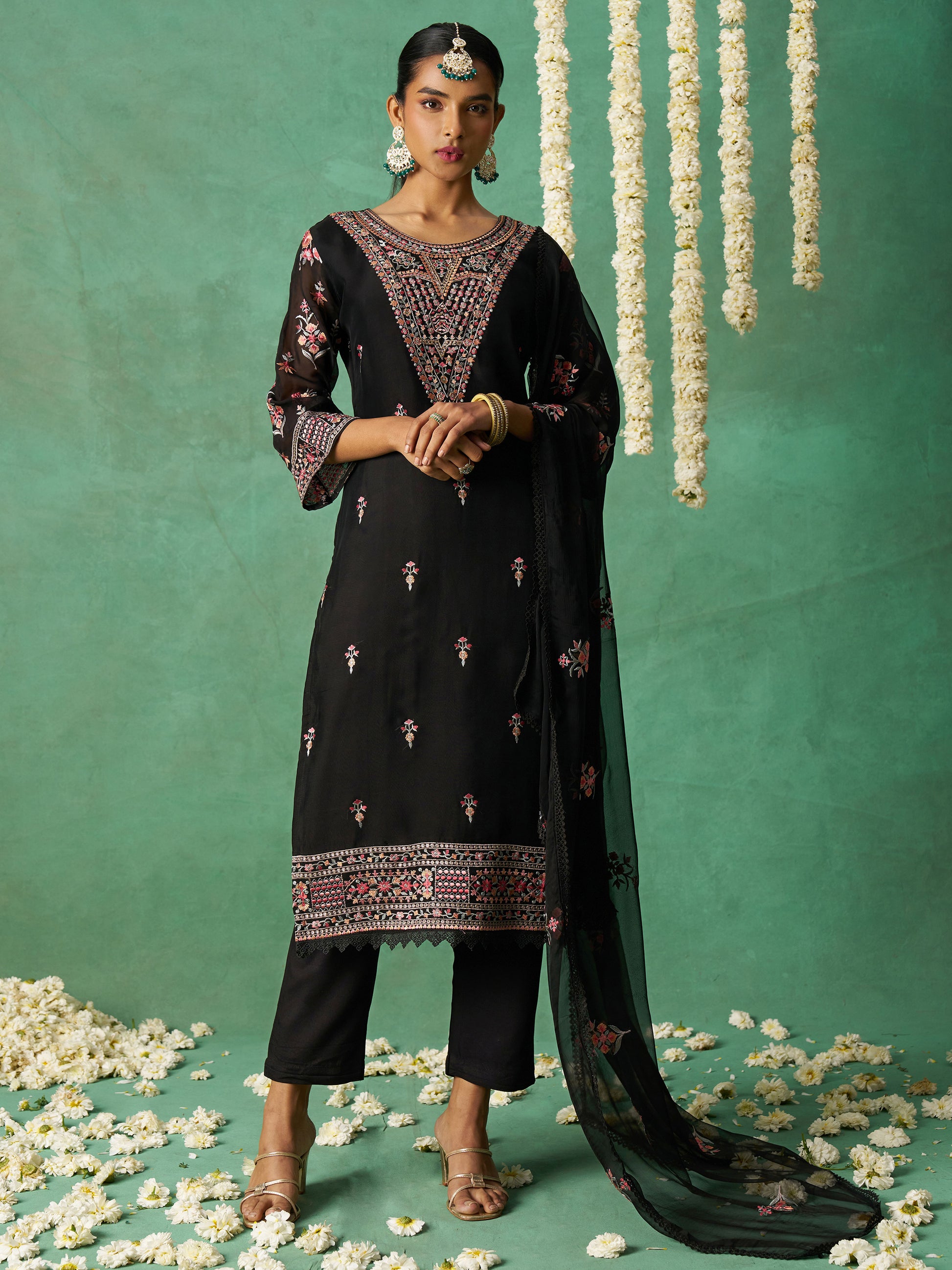 Alluring Black Embroidered Organza Festive Wear Pant Suit with Dupatta