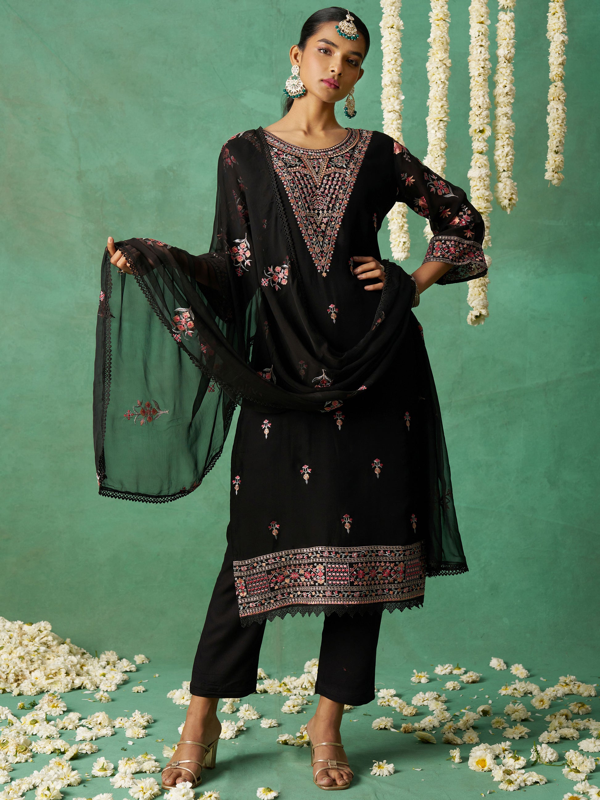 Alluring Black Embroidered Organza Festive Wear Pant Suit with Dupatta