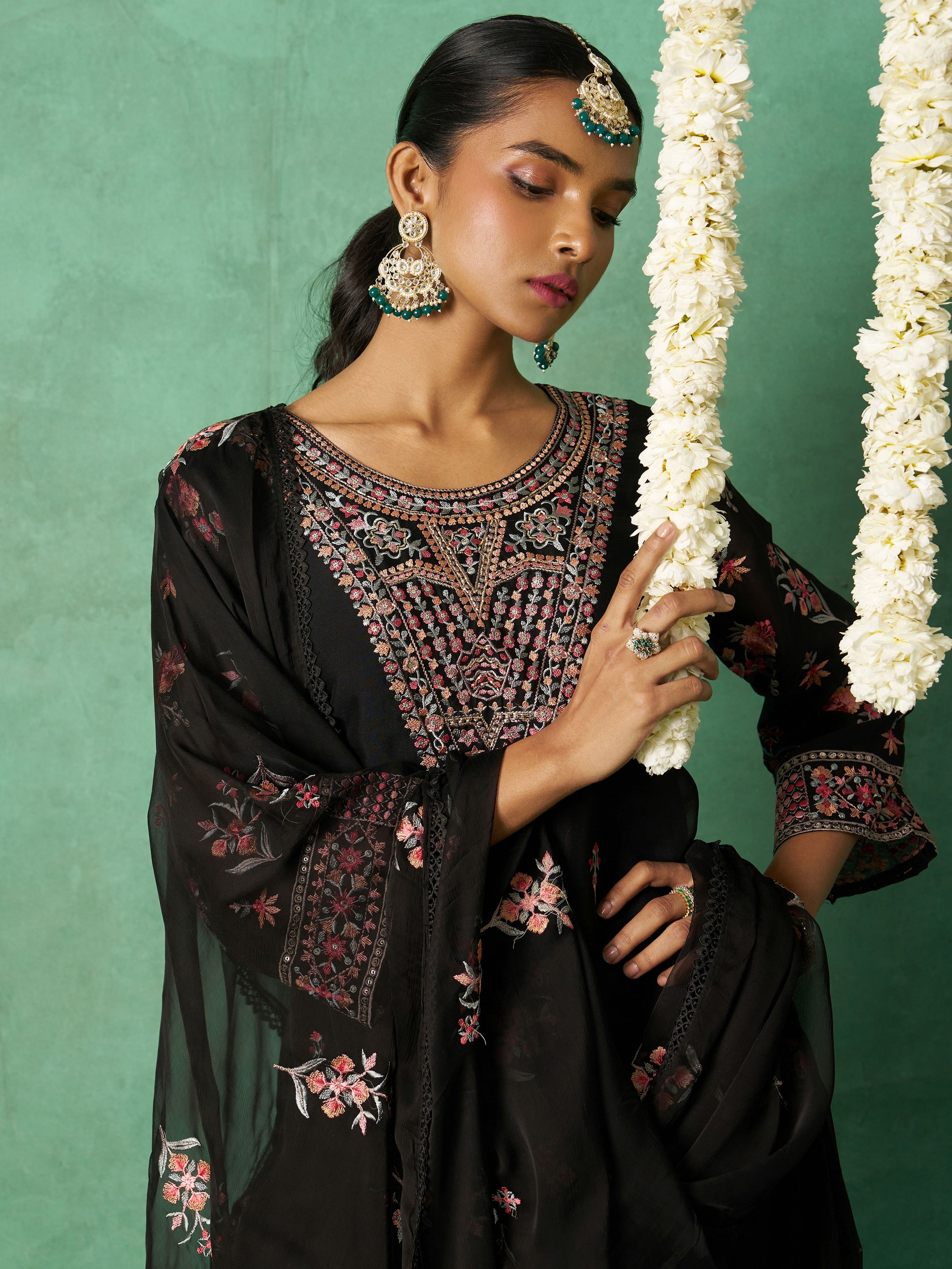 Alluring Black Embroidered Organza Festive Wear Pant Suit with Dupatta